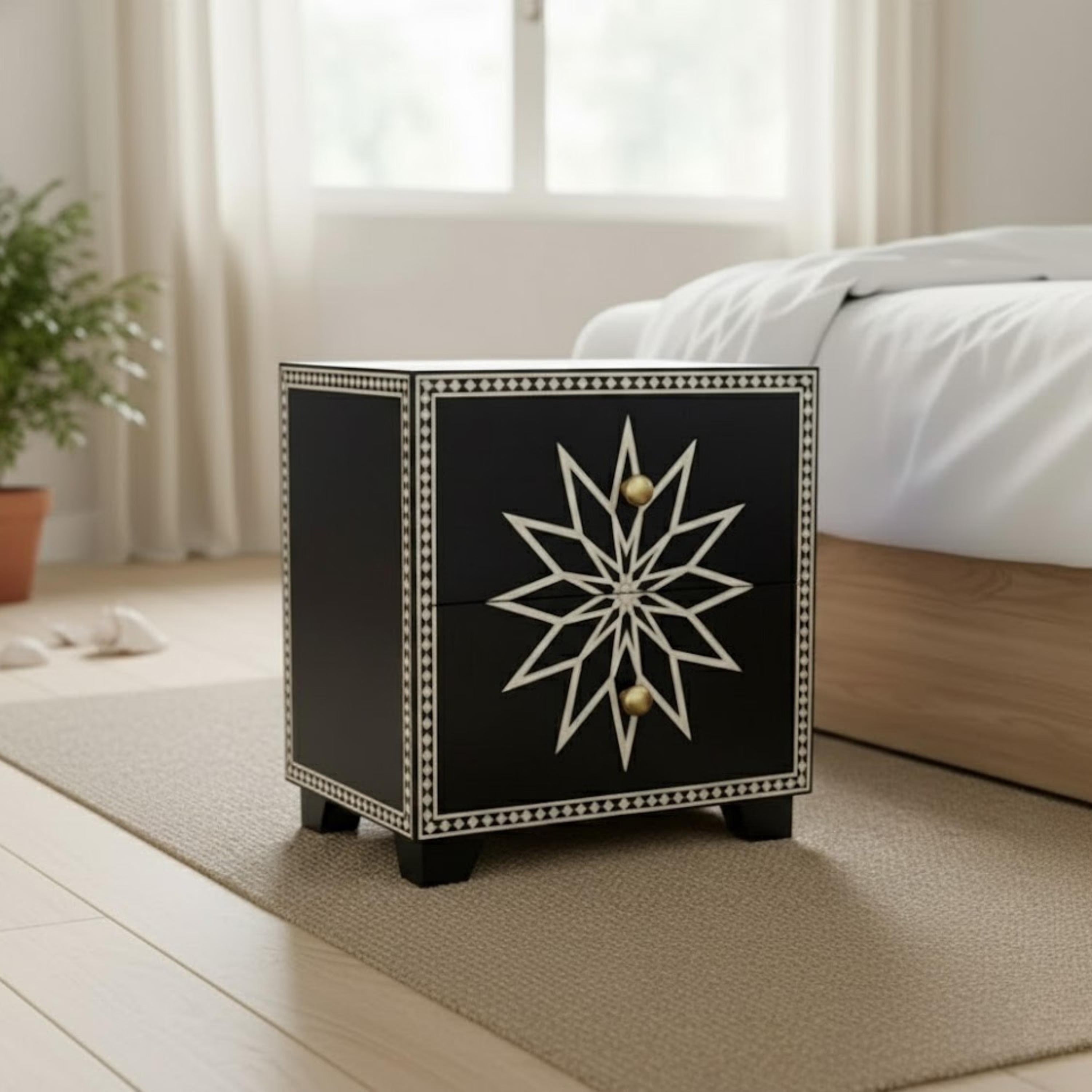 Luxury Black Bone Inlay Nightstand | Resin Star Pattern Handmade End Table | Bedroom & Living Room Accent
