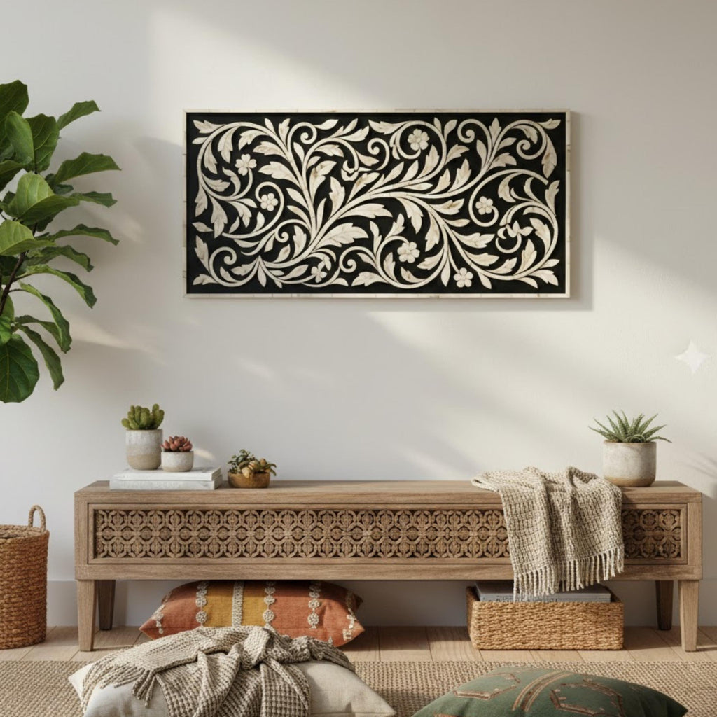 Bone Inlay Floral Resin Wall Art Panel | Handmade Wall Hanging | Decorative Resin Panel for Living Room, Bedroom, Entryway & Hallway Home Decor