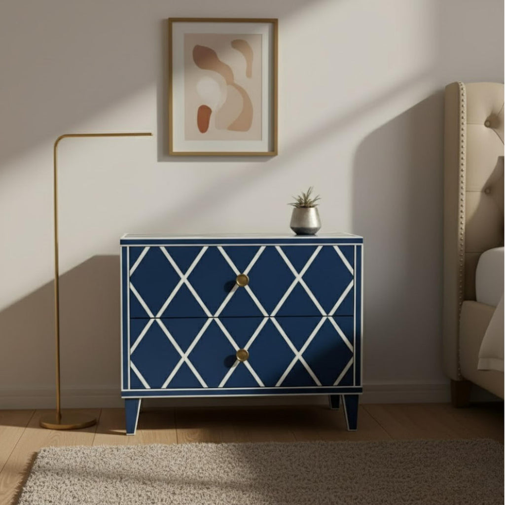 Green Bone Inlay Bedside Table | Handmade Diamond Design Nightstand | Premium Indian Bedroom Furniture