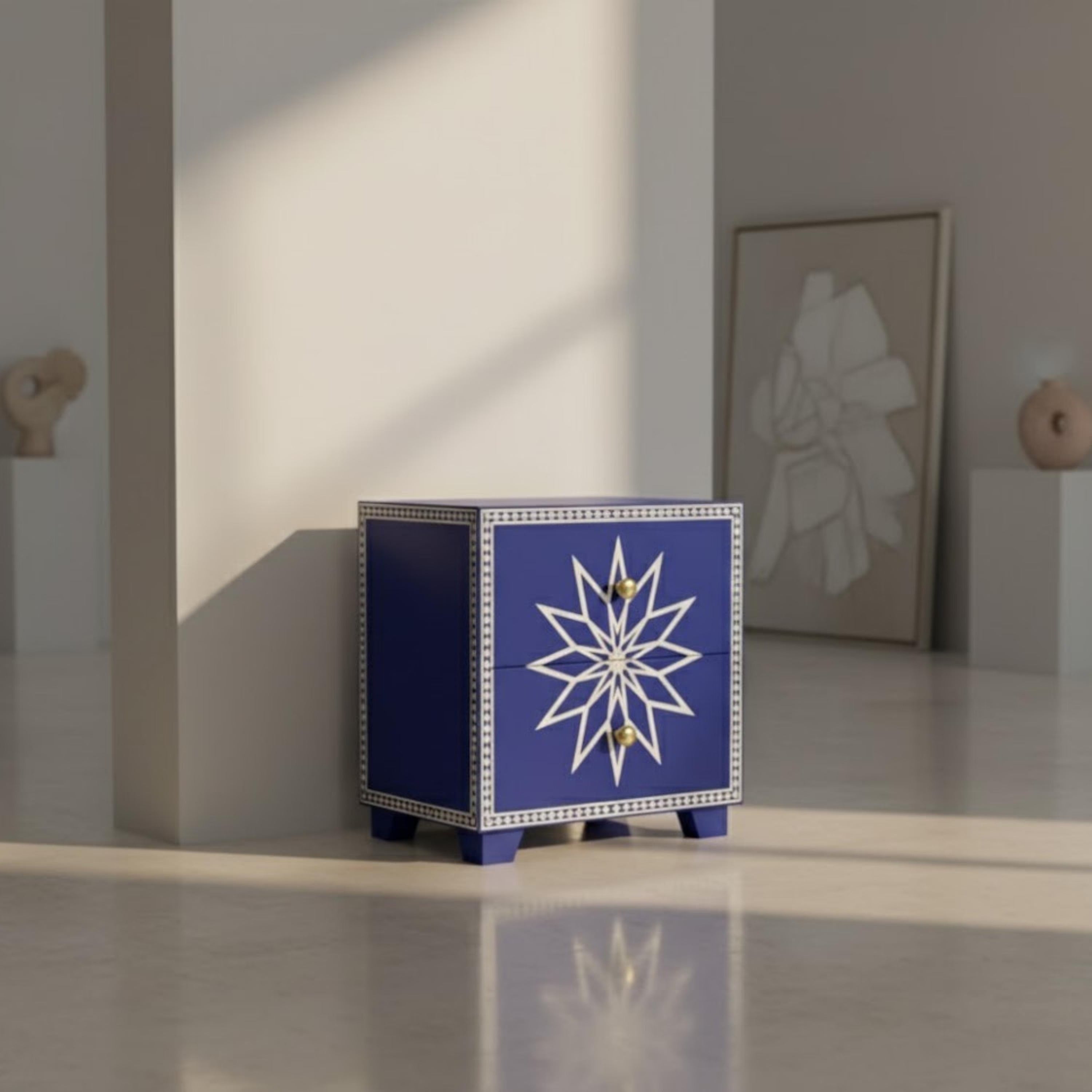 Luxury Black Bone Inlay Nightstand | Resin Star Pattern Handmade End Table | Bedroom & Living Room Accent