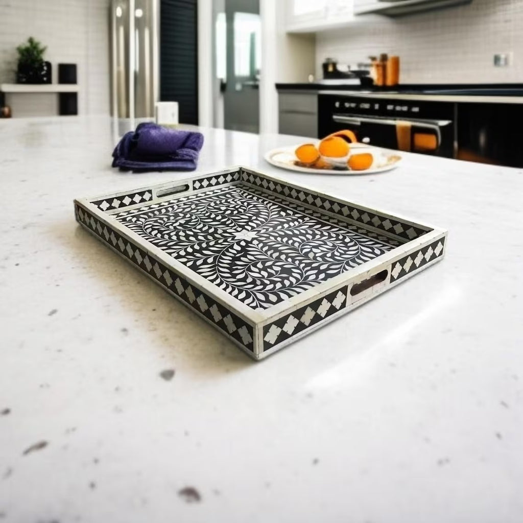 Handmade Black & White Floral Bone Inlay Resin Tray | Stylish Decorative Serving Tray for Home, Kitchen & Living Room