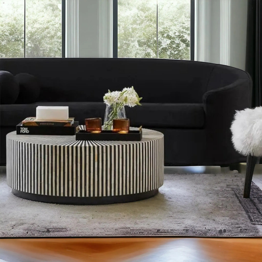 Luxury Handmade Bone Inlay Coffee Table | Geometric Black & White Accent Table | Artistic Inlay Furniture for Home Décor