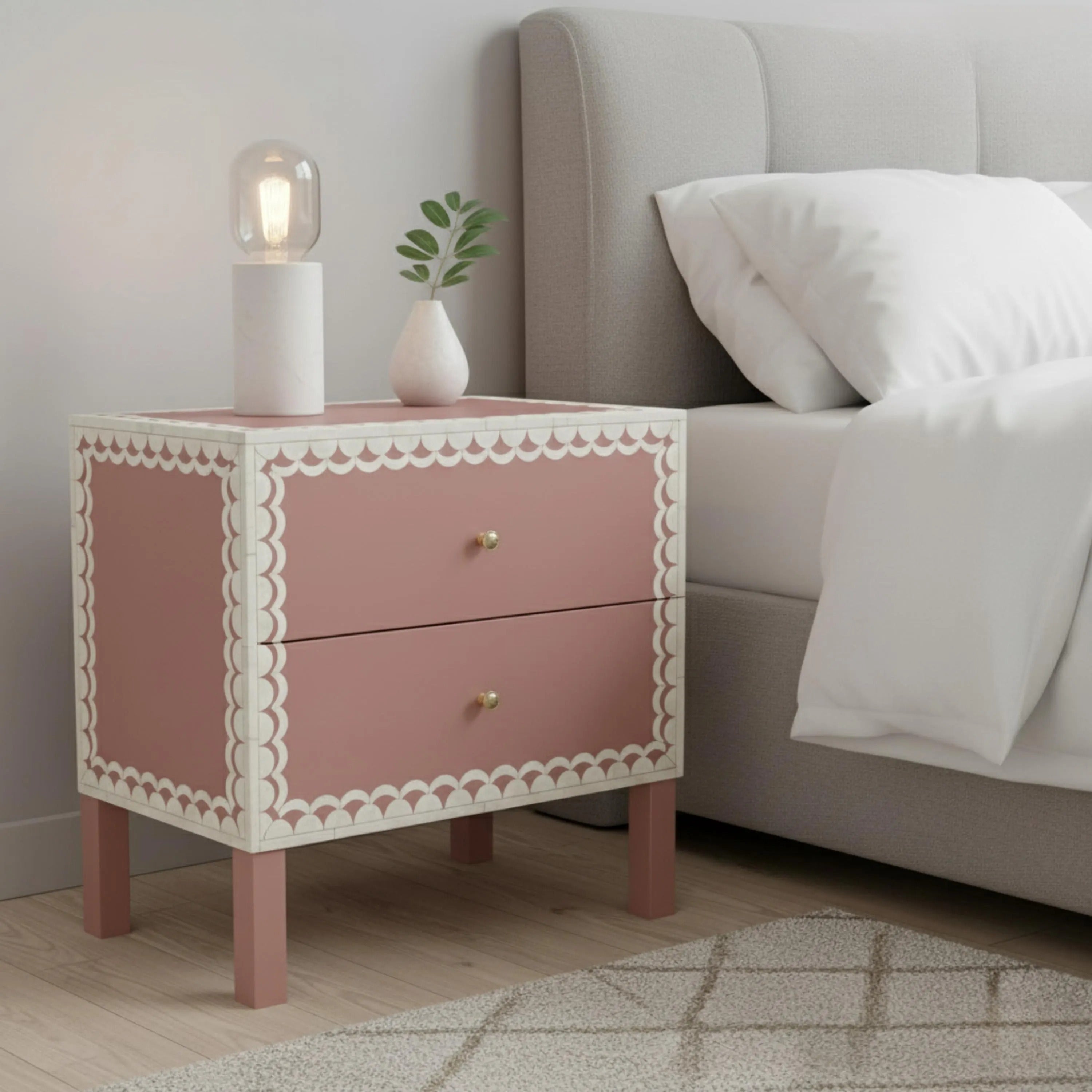 Bone Inlay Nightstand | Green Resin Bedside Table with Drawers | Handmade Decorative Accent Table for Bedroom & Living Room