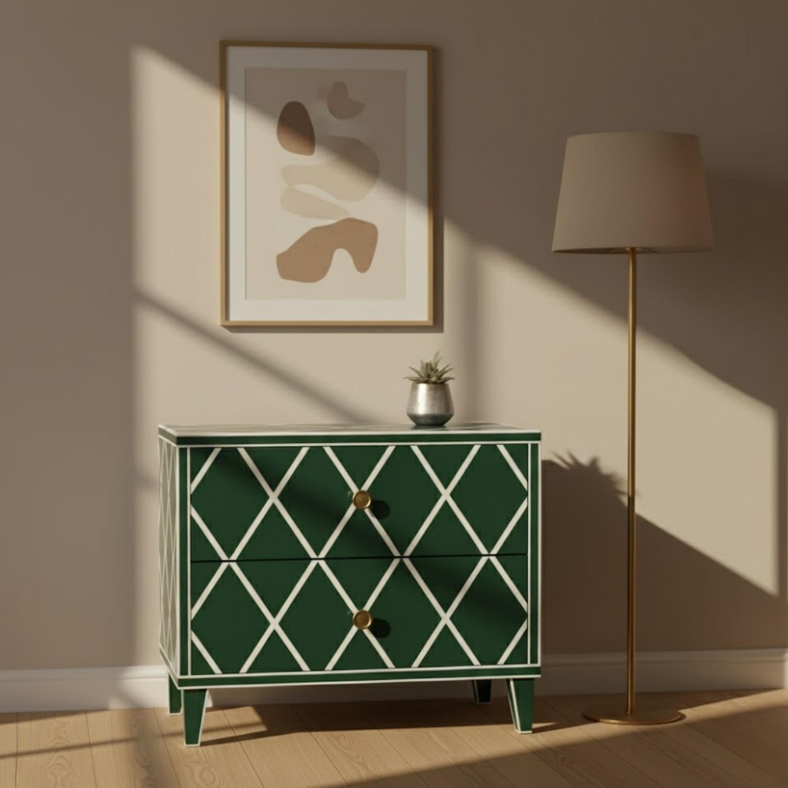 Green Bone Inlay Bedside Table | Handmade Diamond Design Nightstand | Premium Indian Bedroom Furniture