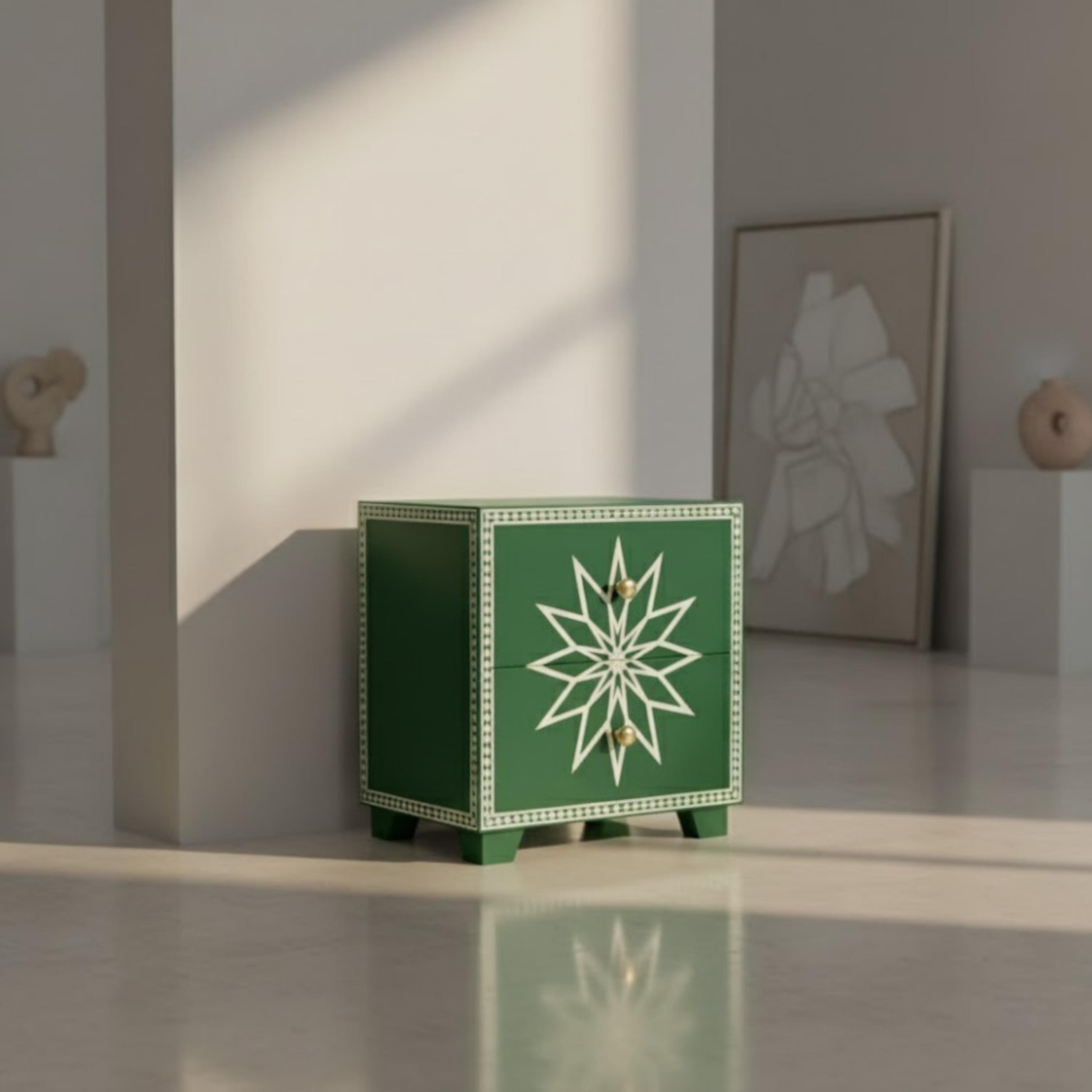 Luxury Black Bone Inlay Nightstand | Resin Star Pattern Handmade End Table | Bedroom & Living Room Accent