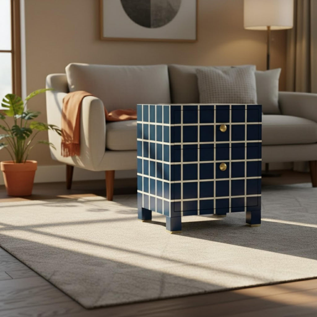 Bone Inlay Resin Nightstand | Handmade End Table | Premium Indian Furniture for Bedroom & Living Room