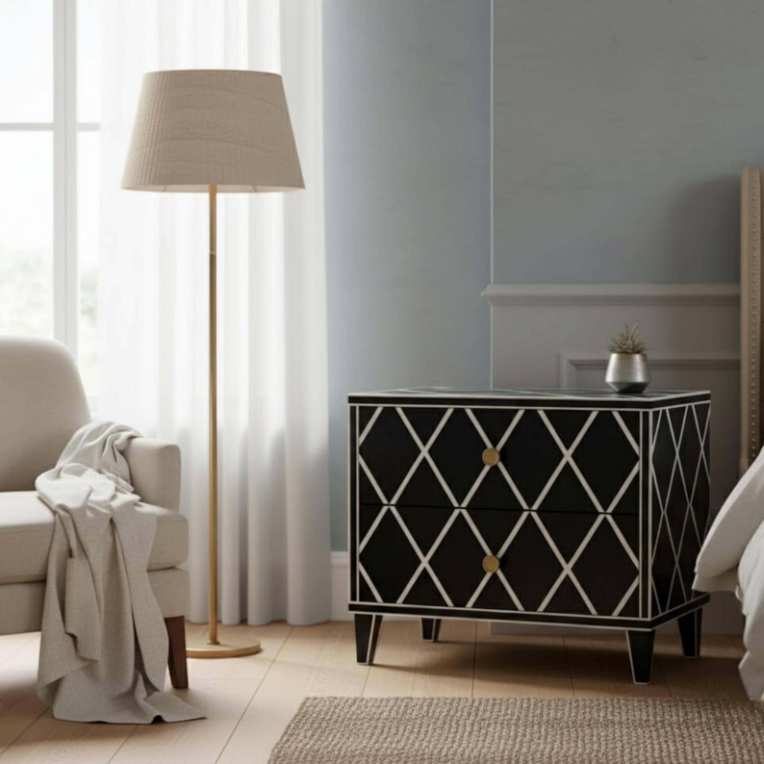 Green Bone Inlay Bedside Table | Handmade Diamond Design Nightstand | Premium Indian Bedroom Furniture