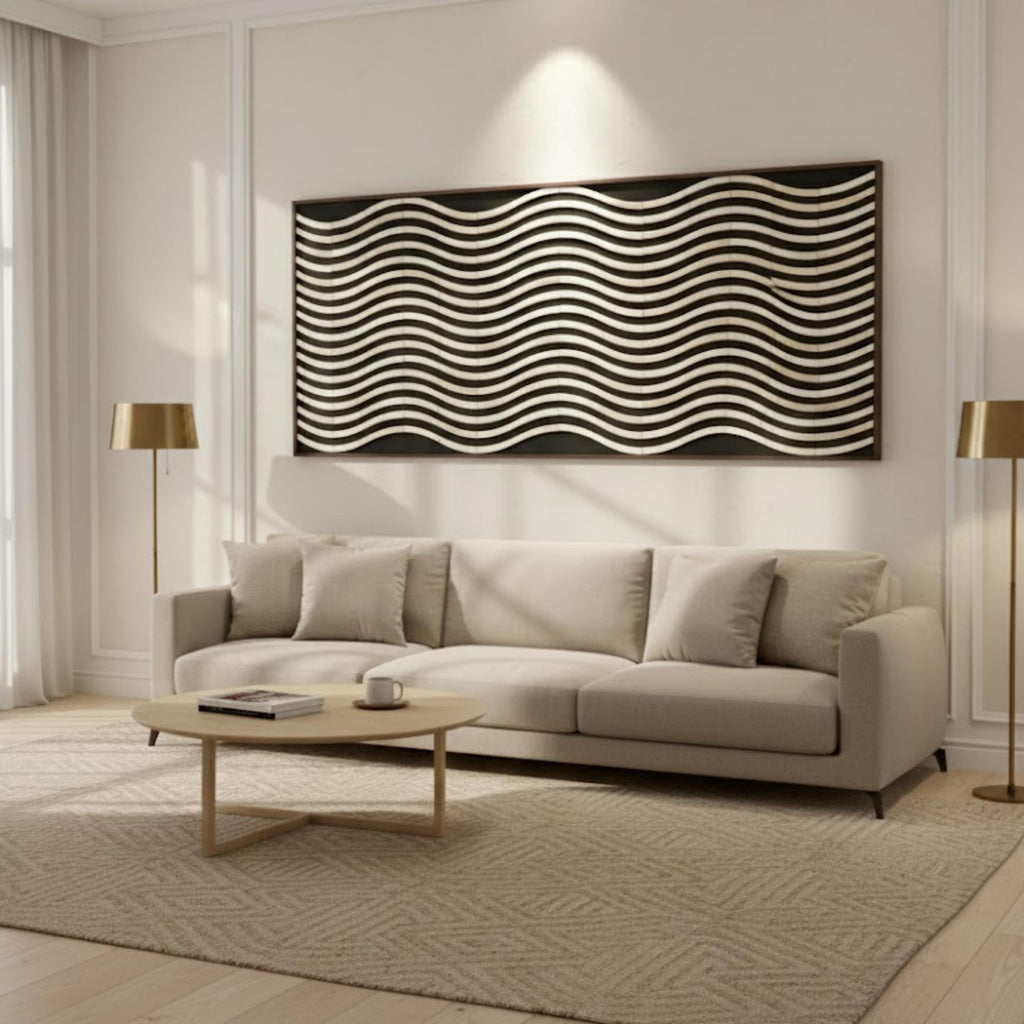 Large Bone Inlay Wave Wall Panel – Handmade 50×24 Resin Artwork for Elegant Home Décor, Modern Minimalist & Coastal Style Spaces