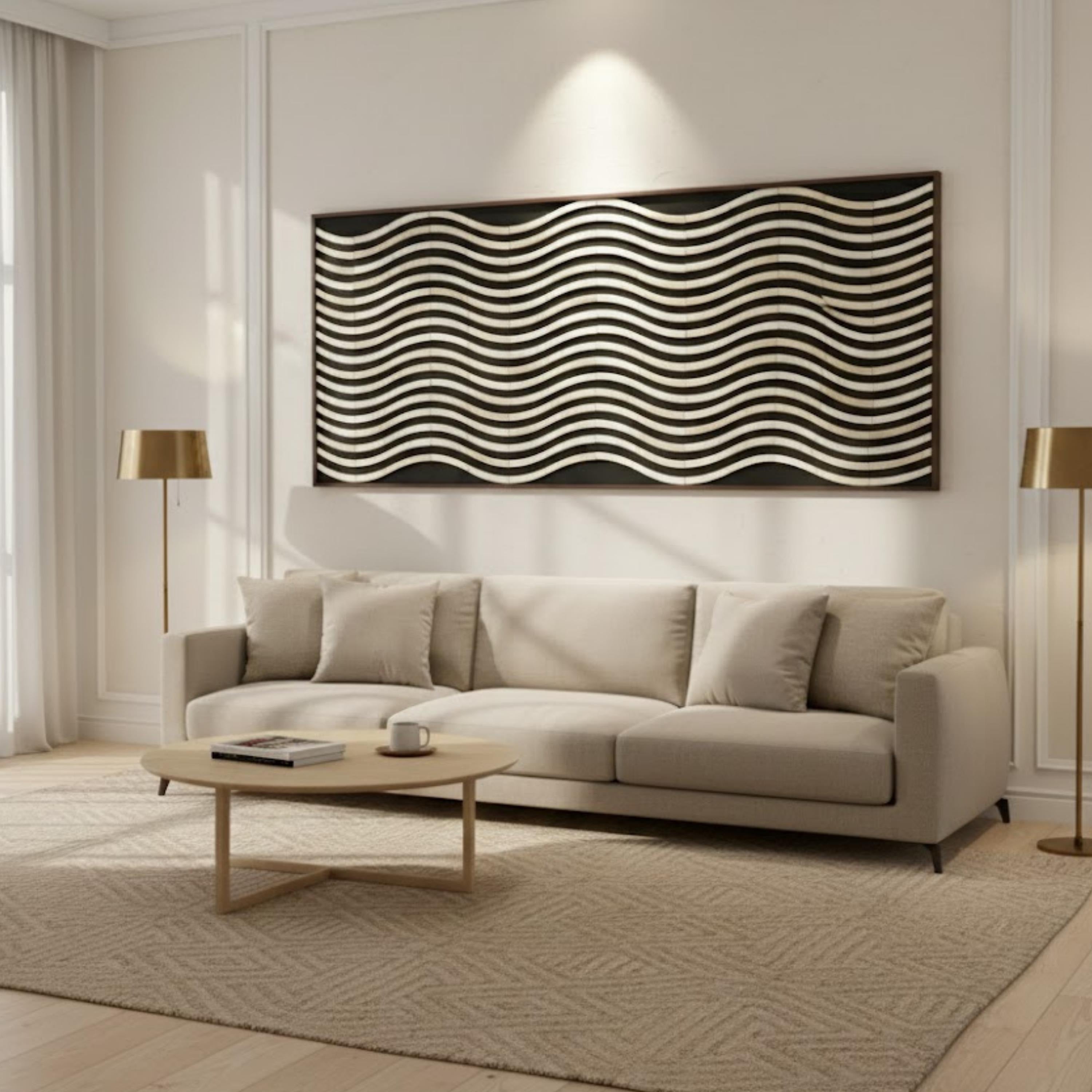 Large Bone Inlay Wave Wall Panel – Handmade 50×24 Resin Artwork for Elegant Home Décor, Modern Minimalist & Coastal Style Spaces