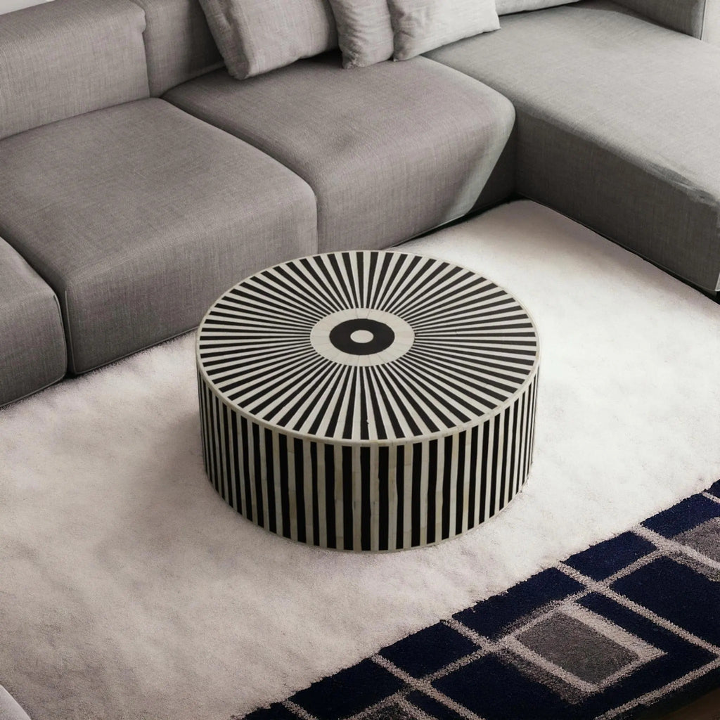 Luxury Handmade Bone Inlay Coffee Table | Geometric Black & White Accent Table | Artistic Inlay Furniture for Home Décor