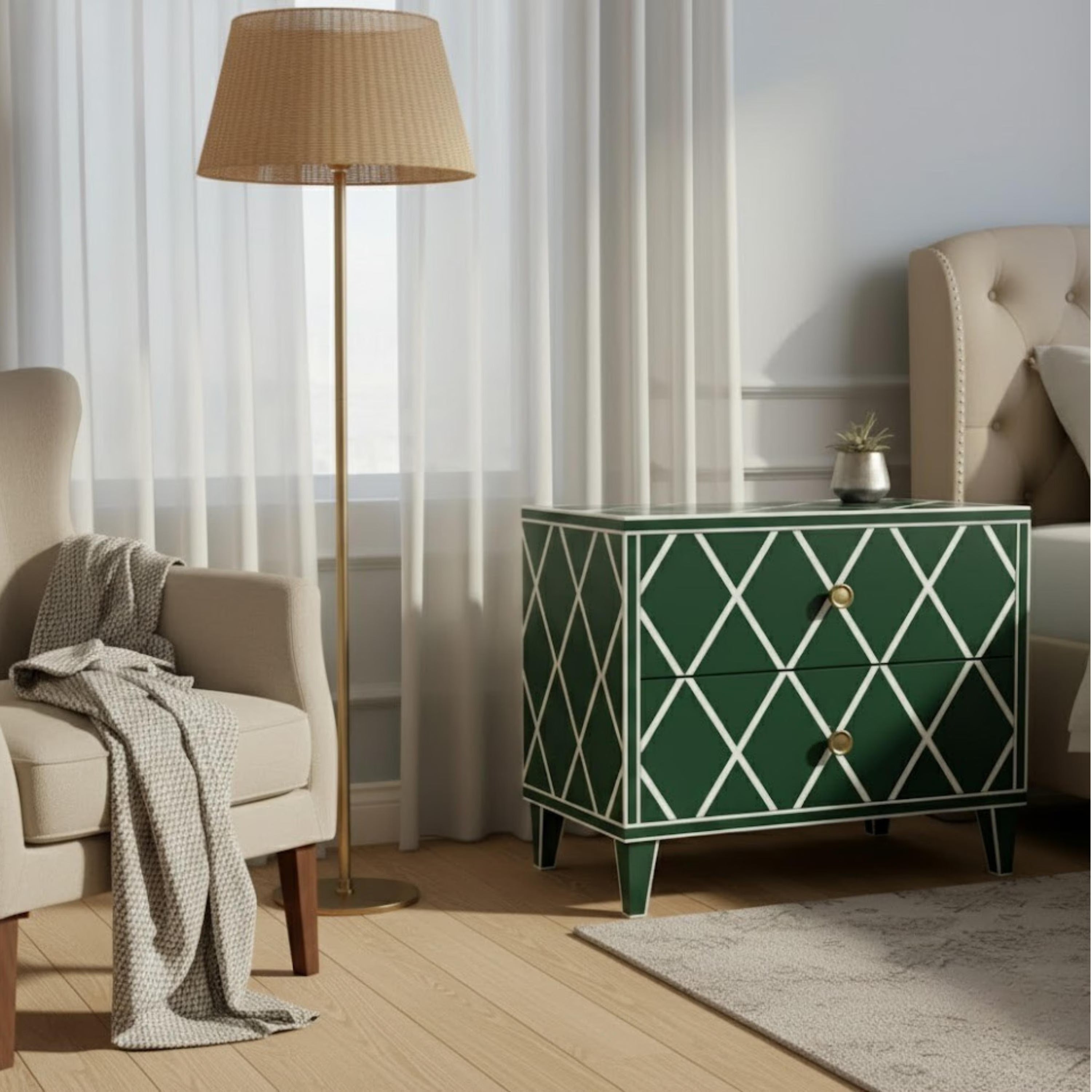 Green Bone Inlay Bedside Table | Handmade Diamond Design Nightstand | Premium Indian Bedroom Furniture