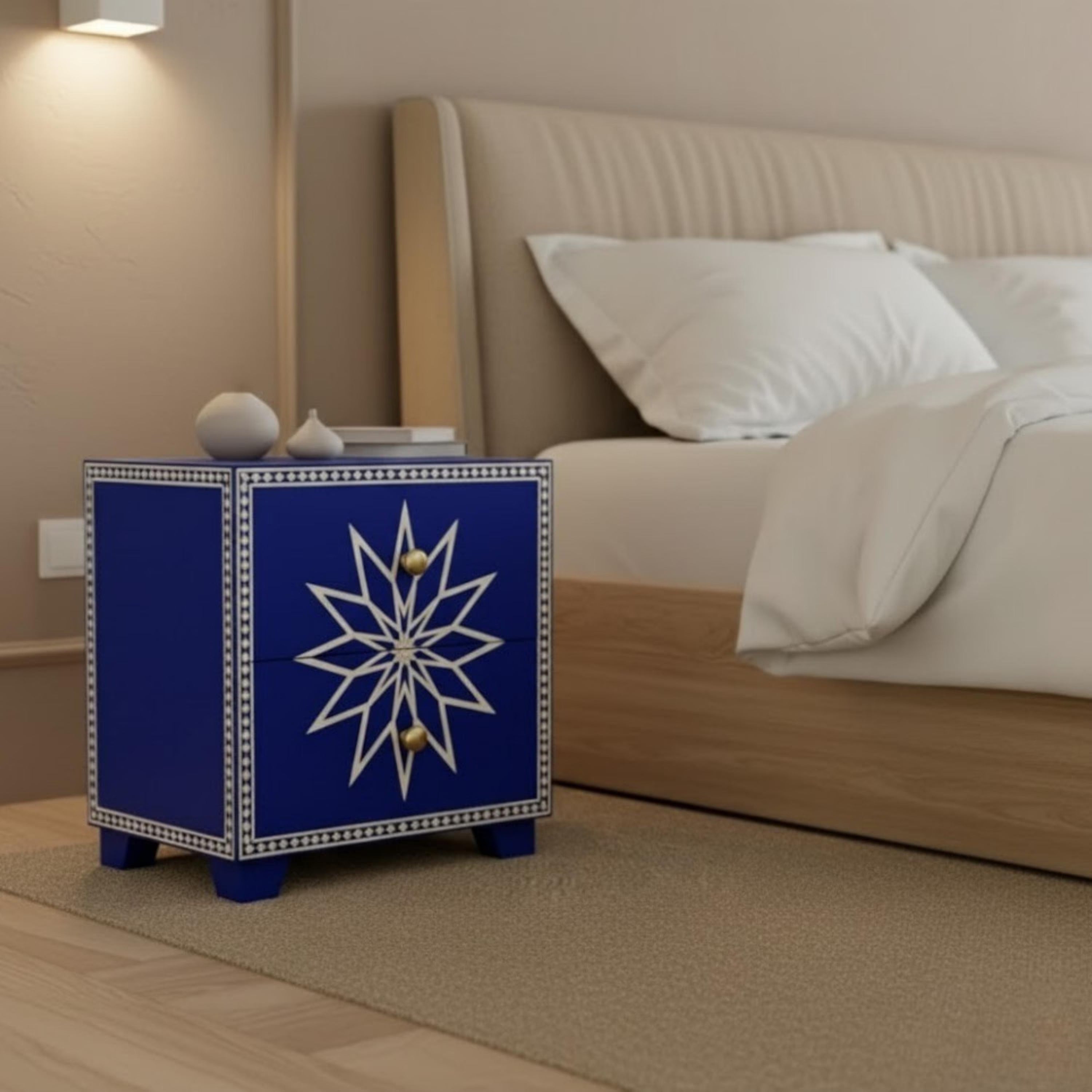 Luxury Black Bone Inlay Nightstand | Resin Star Pattern Handmade End Table | Bedroom & Living Room Accent