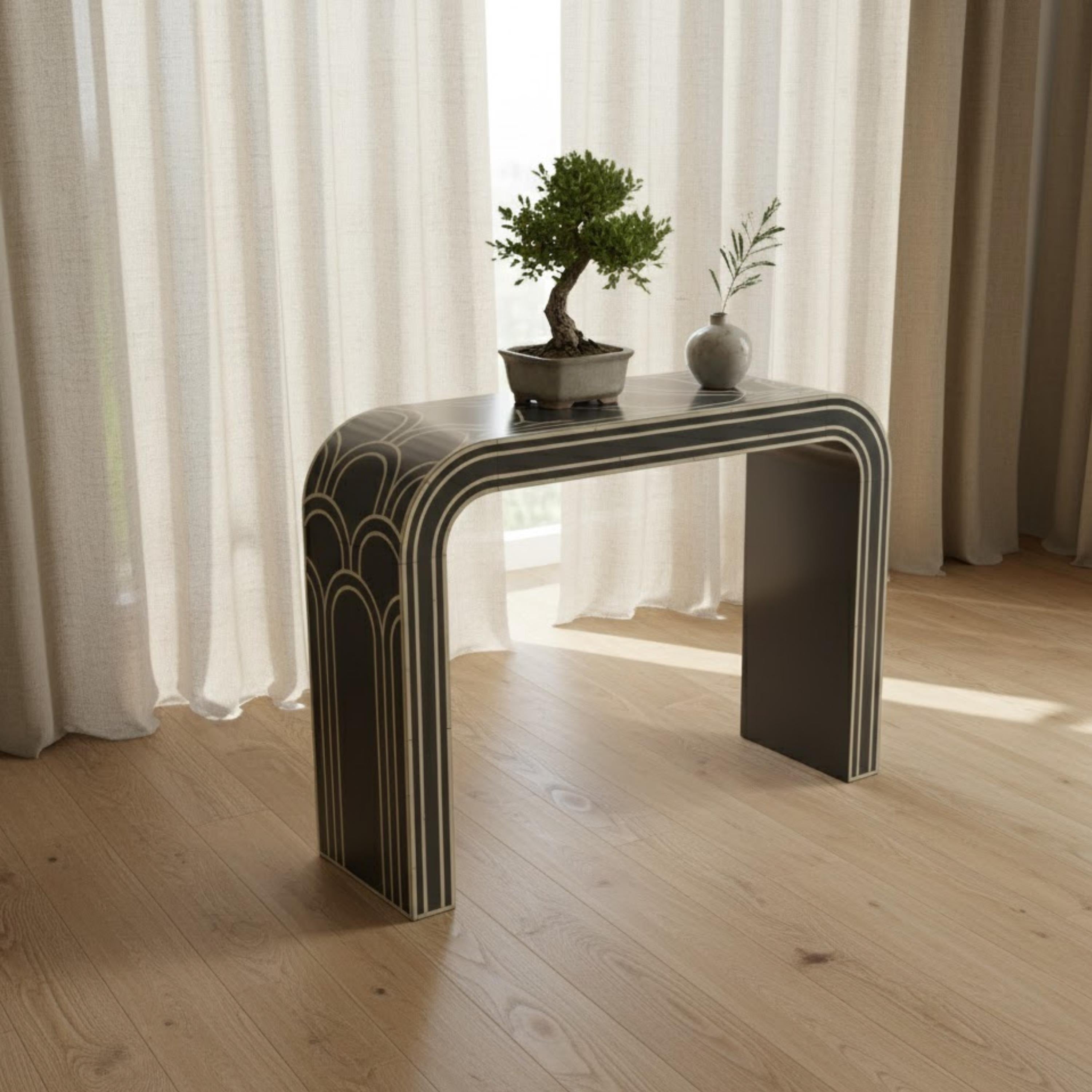 Red Bone Inlay Console Table Luxury Design | Handmade Arch Style Entryway Accent Table