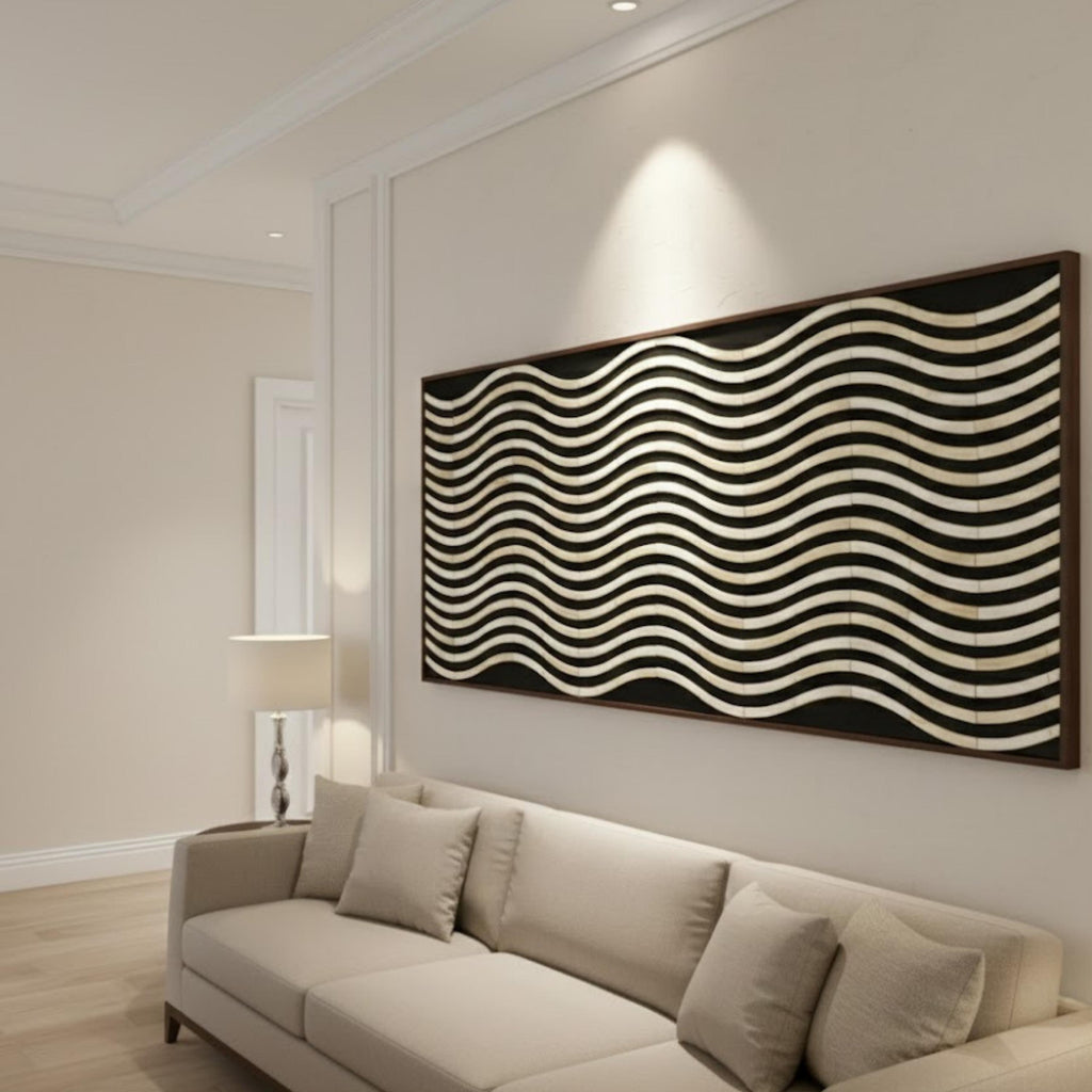 Large Bone Inlay Wave Wall Panel – Handmade 50×24 Resin Artwork for Elegant Home Décor, Modern Minimalist & Coastal Style Spaces