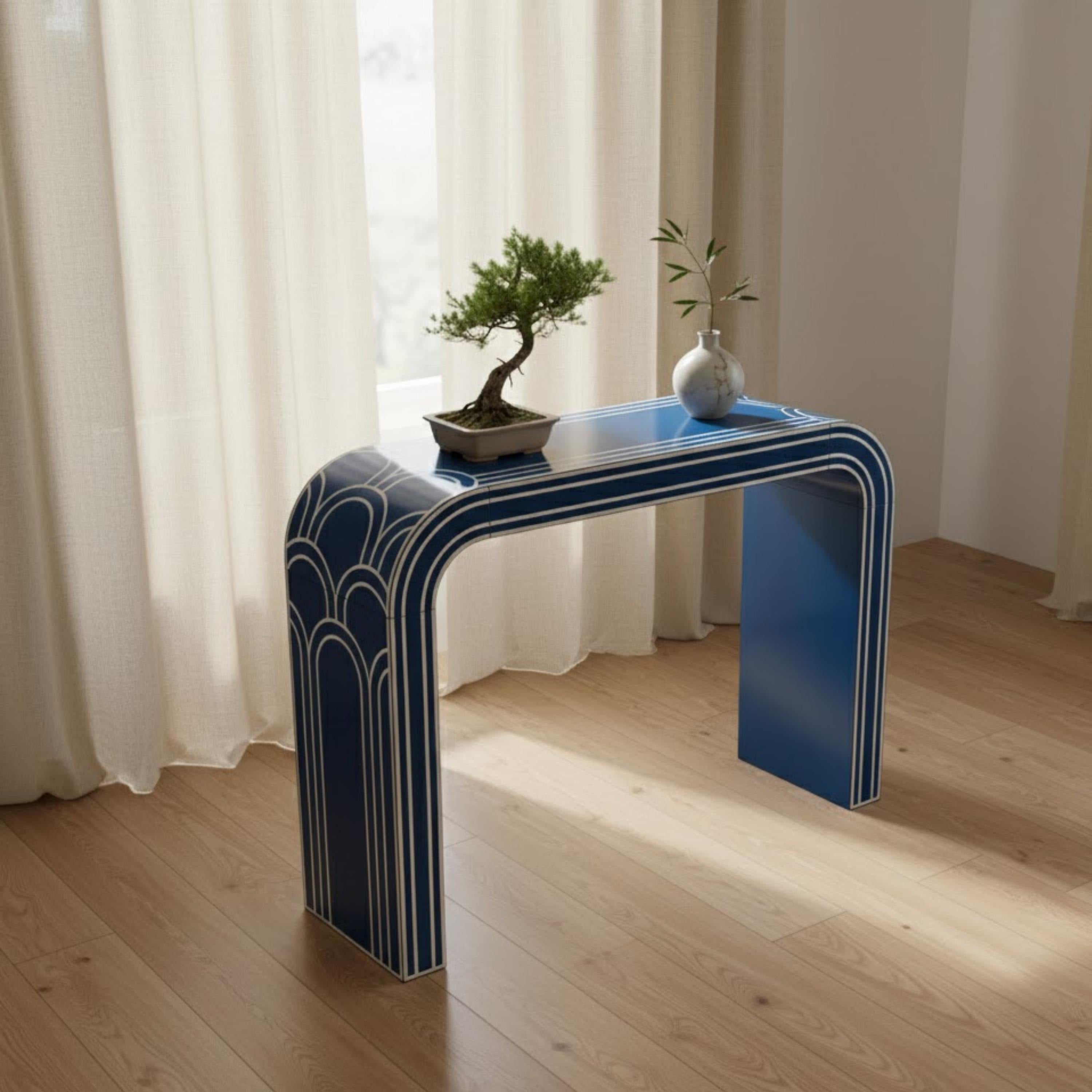 Red Bone Inlay Console Table Luxury Design | Handmade Arch Style Entryway Accent Table