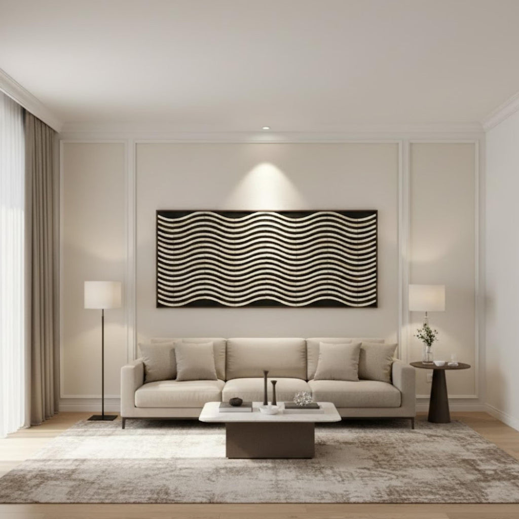 Large Bone Inlay Wave Wall Panel – Handmade 50×24 Resin Artwork for Elegant Home Décor, Modern Minimalist & Coastal Style Spaces