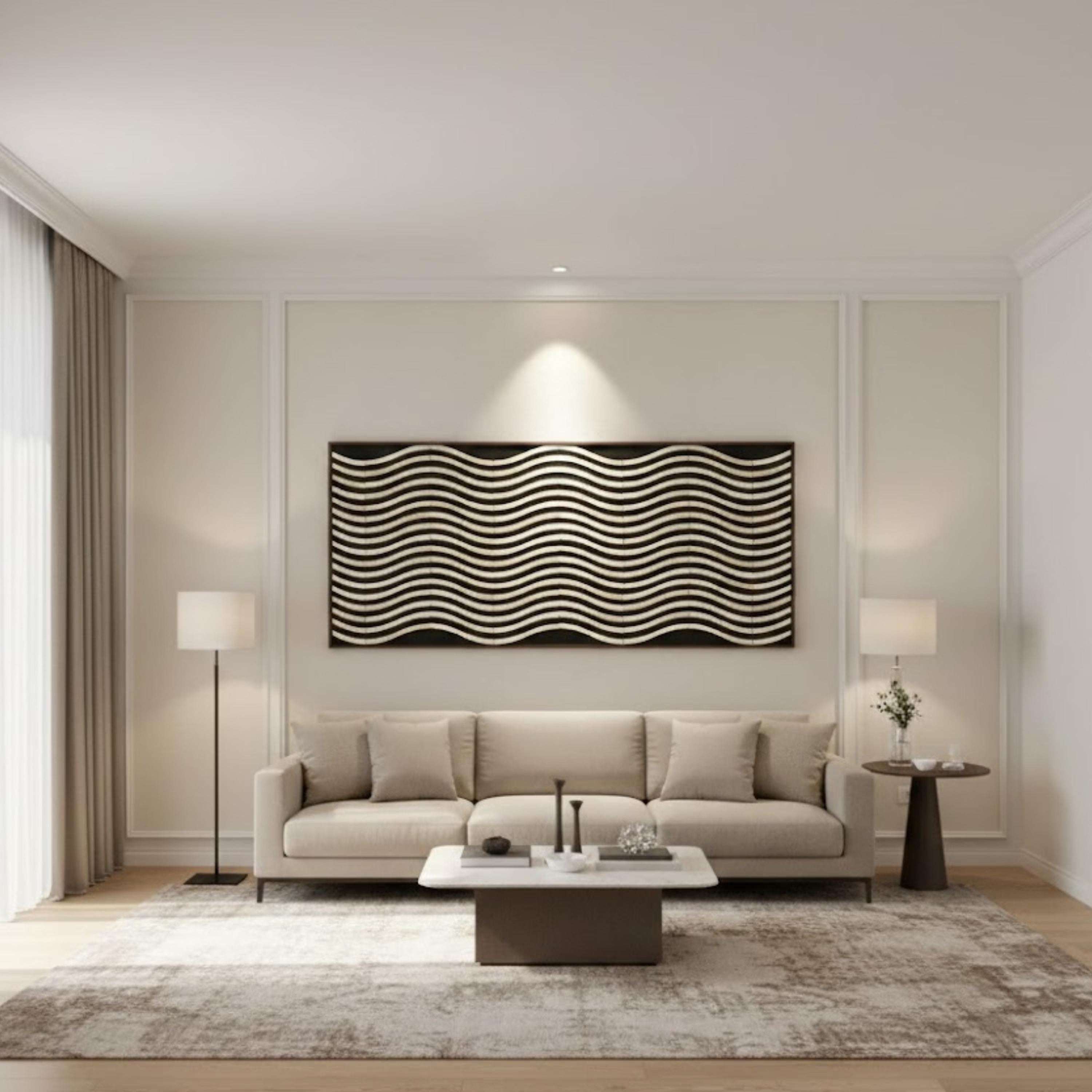 Large Bone Inlay Wave Wall Panel – Handmade 50×24 Resin Artwork for Elegant Home Décor, Modern Minimalist & Coastal Style Spaces