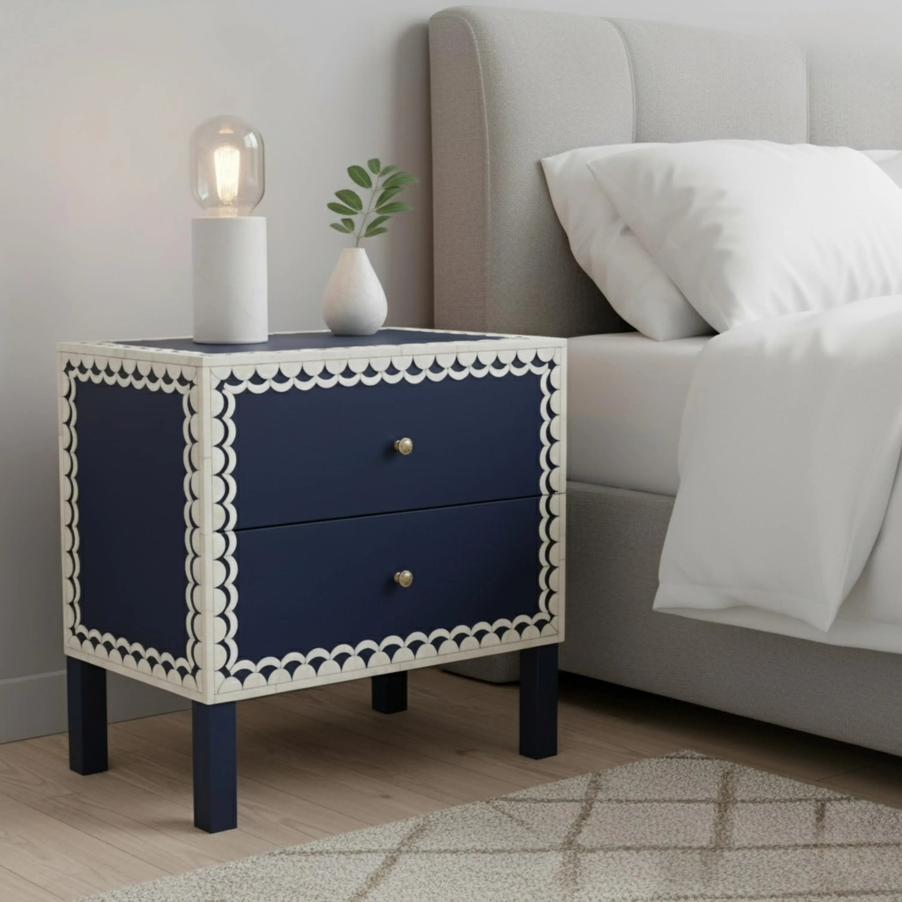 Bone Inlay Nightstand | Green Resin Bedside Table with Drawers | Handmade Decorative Accent Table for Bedroom & Living Room