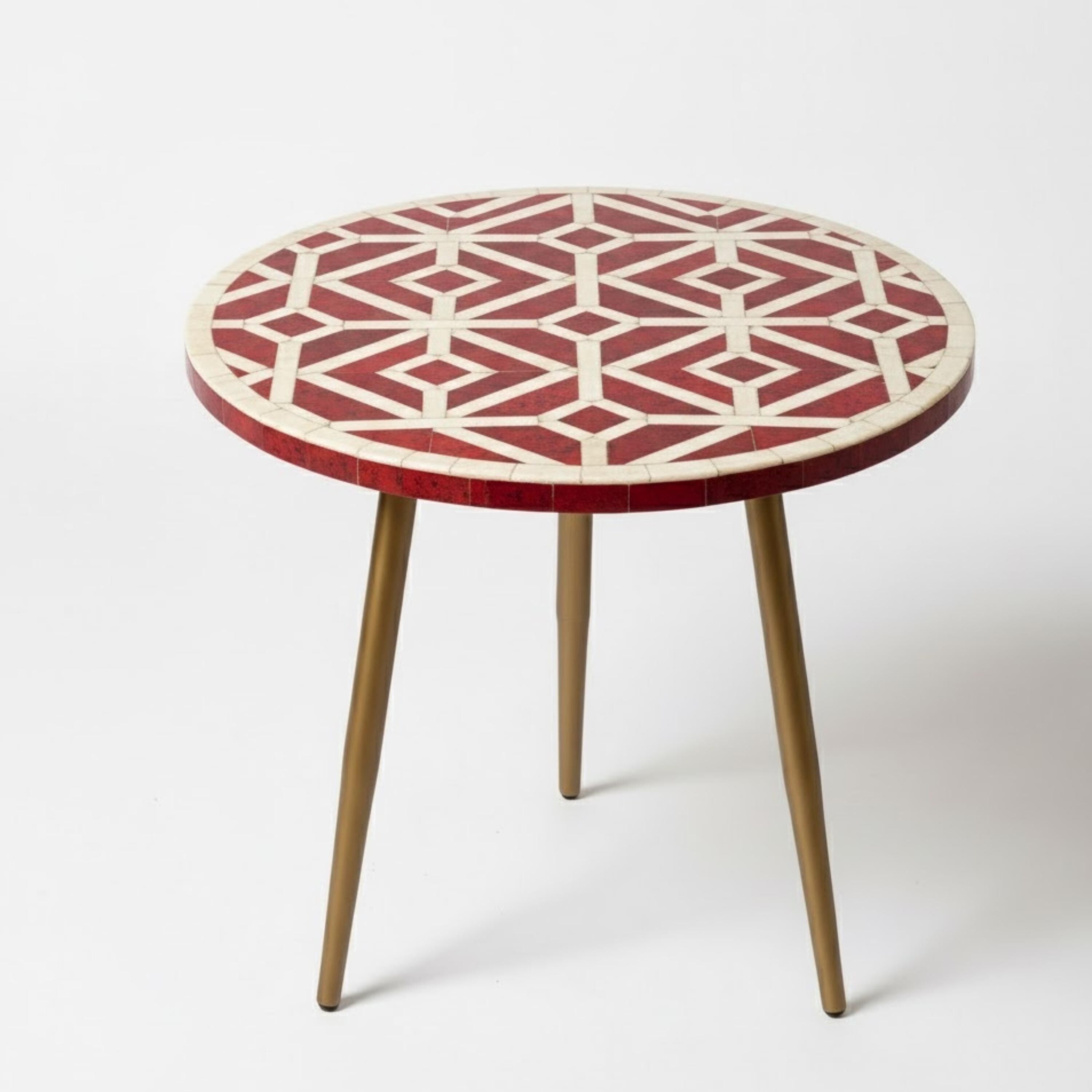 Luxury Red Bone Inlay Round Accent Table | Geometric Resin End Table | Indian Handmade Side Table for Home & Office
