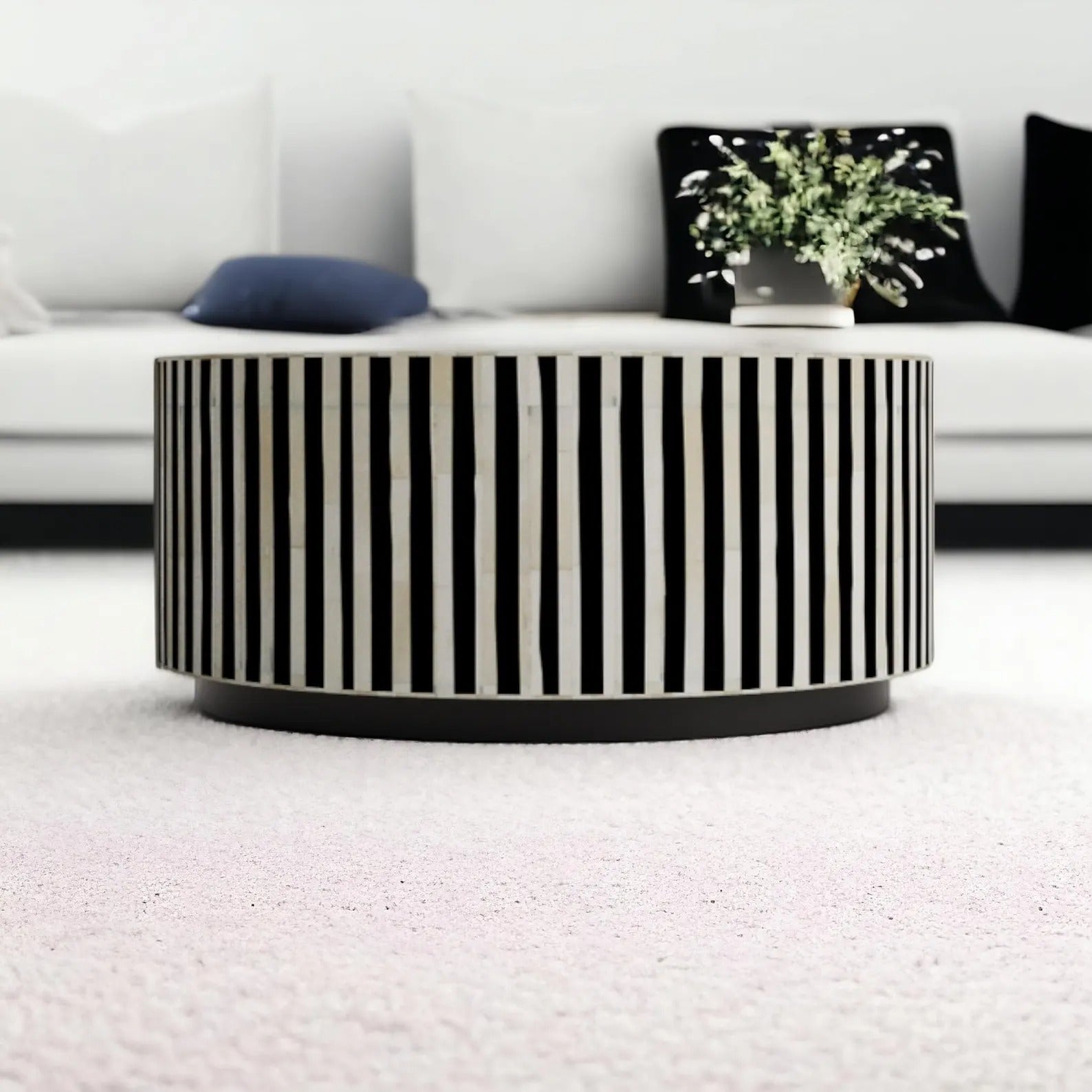 Luxury Handmade Bone Inlay Coffee Table | Geometric Black & White Accent Table | Artistic Inlay Furniture for Home Décor