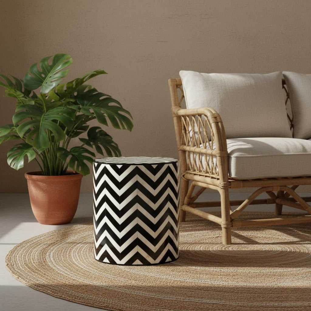 Bone Inlay End Table | Blue Chevron Resin Accent Stool | Modern Decorative Furniture for Home Décor