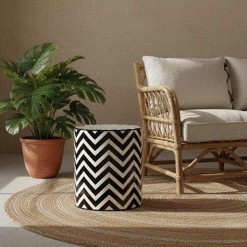 Bone Inlay End Table | Blue Chevron Resin Accent Stool | Modern Decorative Furniture for Home Décor