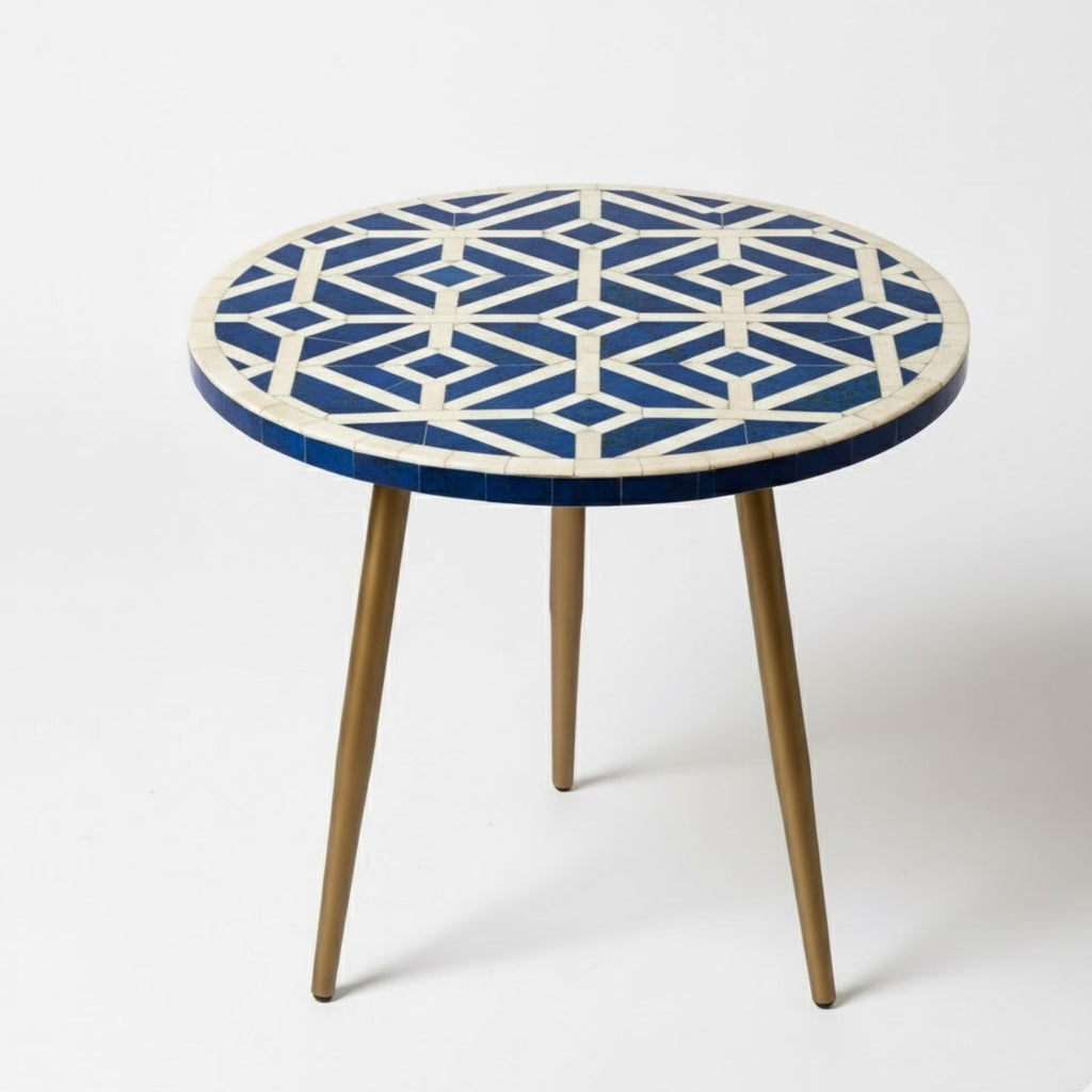Luxury Red Bone Inlay Round Accent Table | Geometric Resin End Table | Indian Handmade Side Table for Home & Office