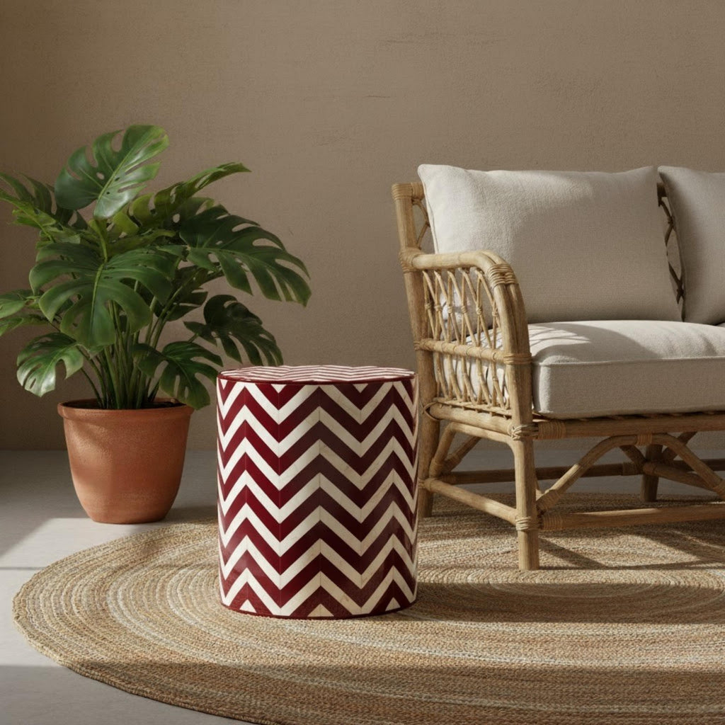 Bone Inlay End Table | Blue Chevron Resin Accent Stool | Modern Decorative Furniture for Home Décor