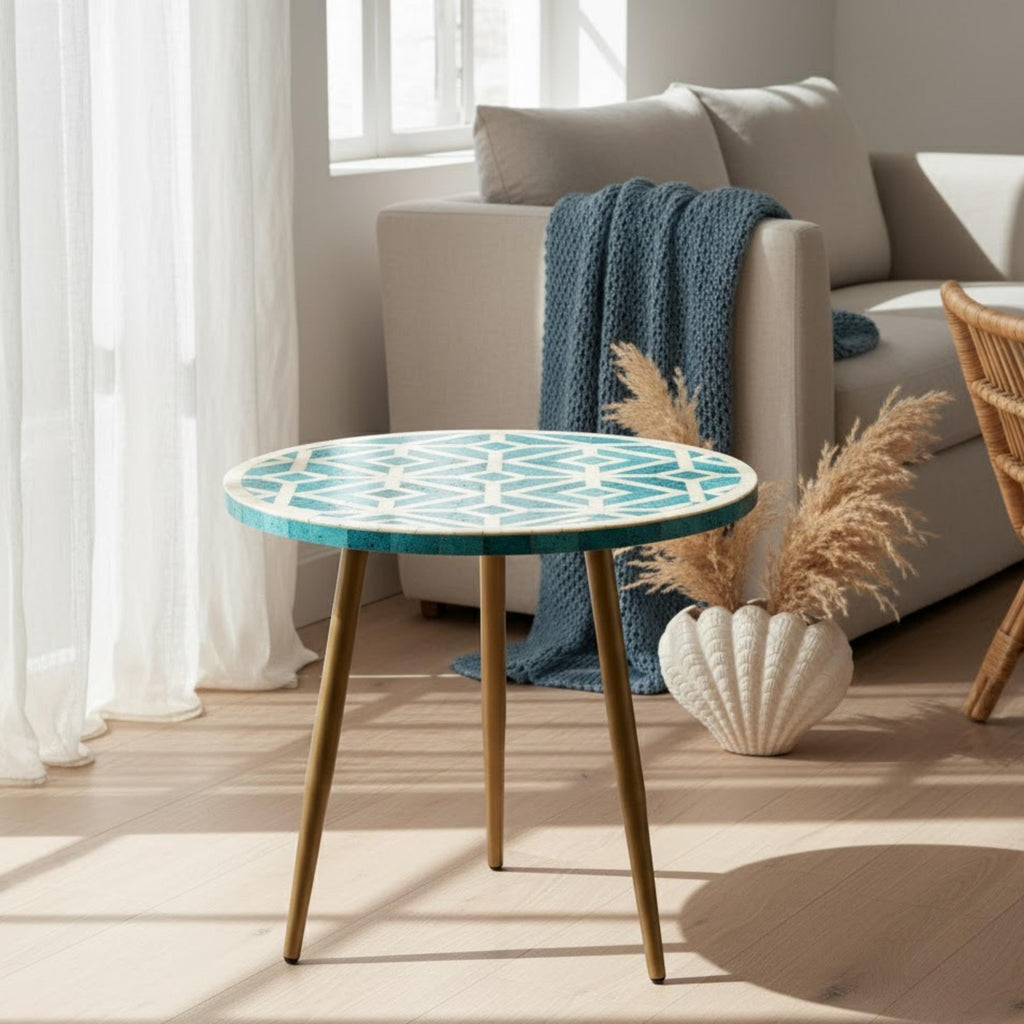 Luxury Red Bone Inlay Round Accent Table | Geometric Resin End Table | Indian Handmade Side Table for Home & Office