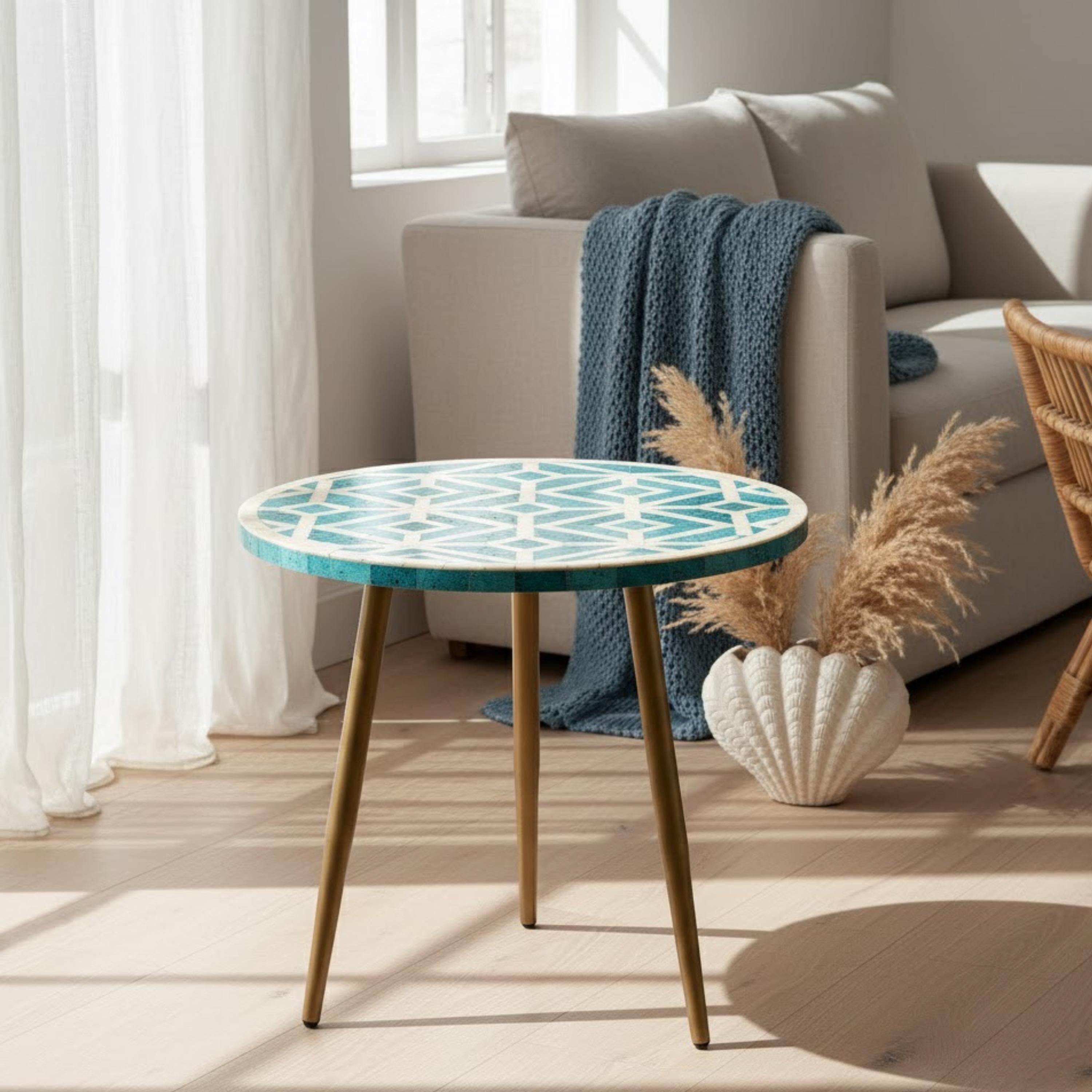 Luxury Red Bone Inlay Round Accent Table | Geometric Resin End Table | Indian Handmade Side Table for Home & Office