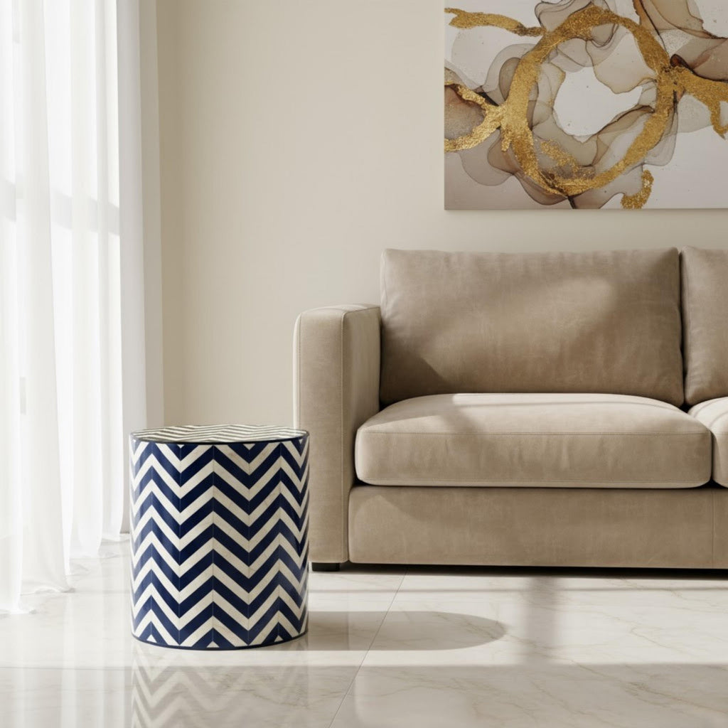 Bone Inlay End Table | Blue Chevron Resin Accent Stool | Modern Decorative Furniture for Home Décor