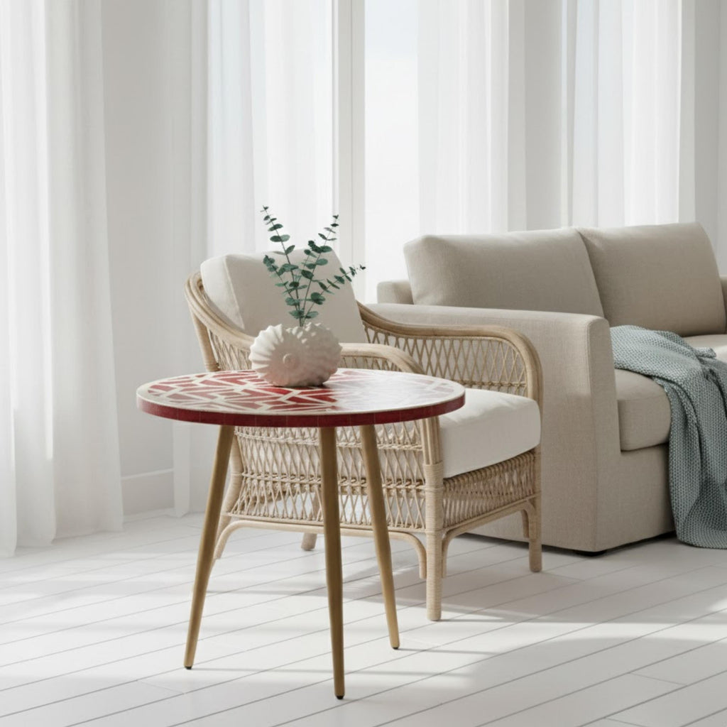 Luxury Red Bone Inlay Round Accent Table | Geometric Resin End Table | Indian Handmade Side Table for Home & Office