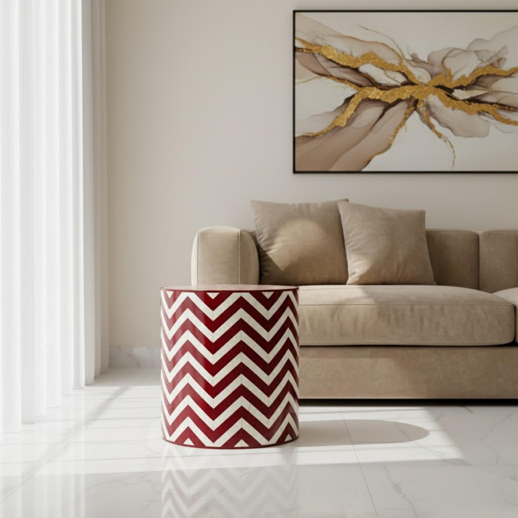 Bone Inlay End Table | Blue Chevron Resin Accent Stool | Modern Decorative Furniture for Home Décor