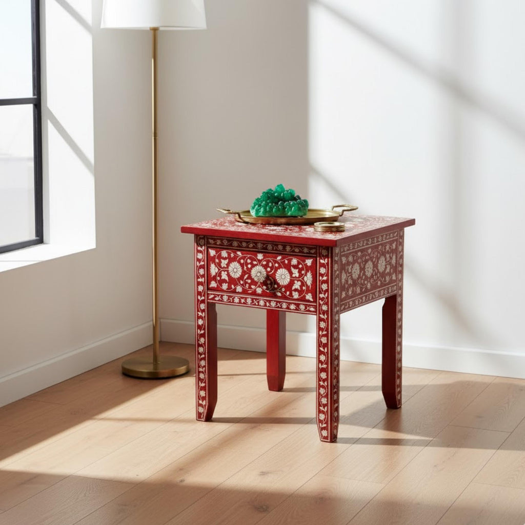 Handmade Green Bone Inlay Nightstand | Floral Resin Side Table | Stylish Decorative Furniture for Modern Homes