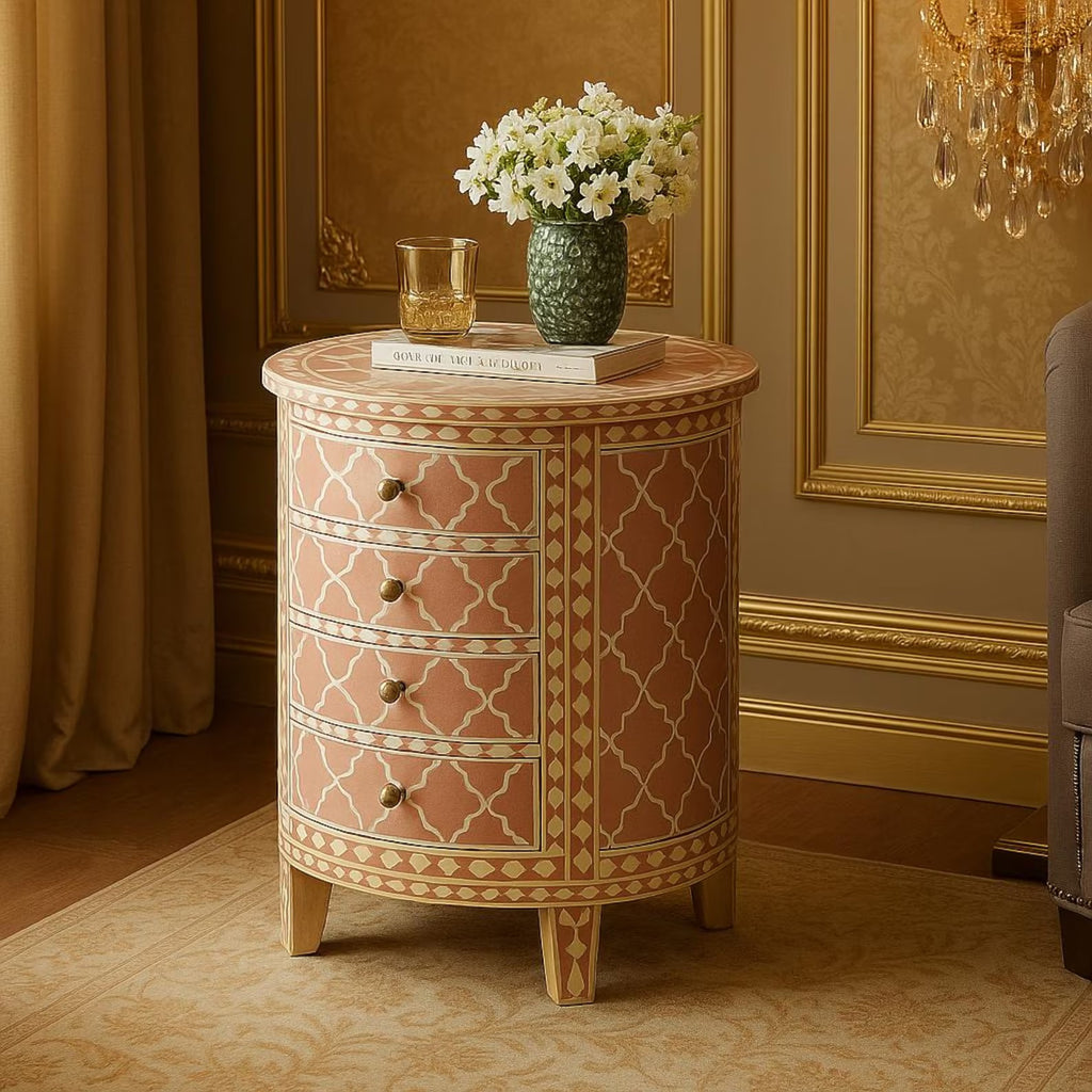 Handmade Bone Inlay Moroccan End Table | Side Cabinet with Drawers | Stylish Decorative Furniture for Modern Homes