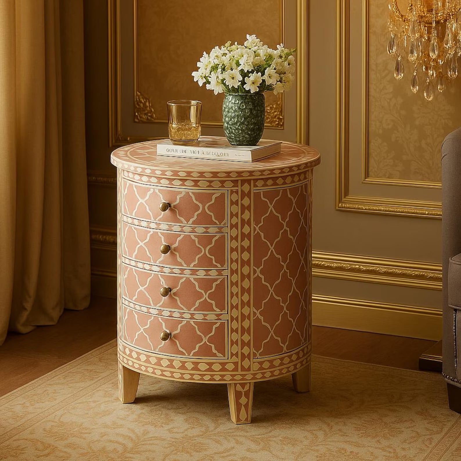 Handmade Bone Inlay Moroccan End Table | Side Cabinet with Drawers | Stylish Decorative Furniture for Modern Homes