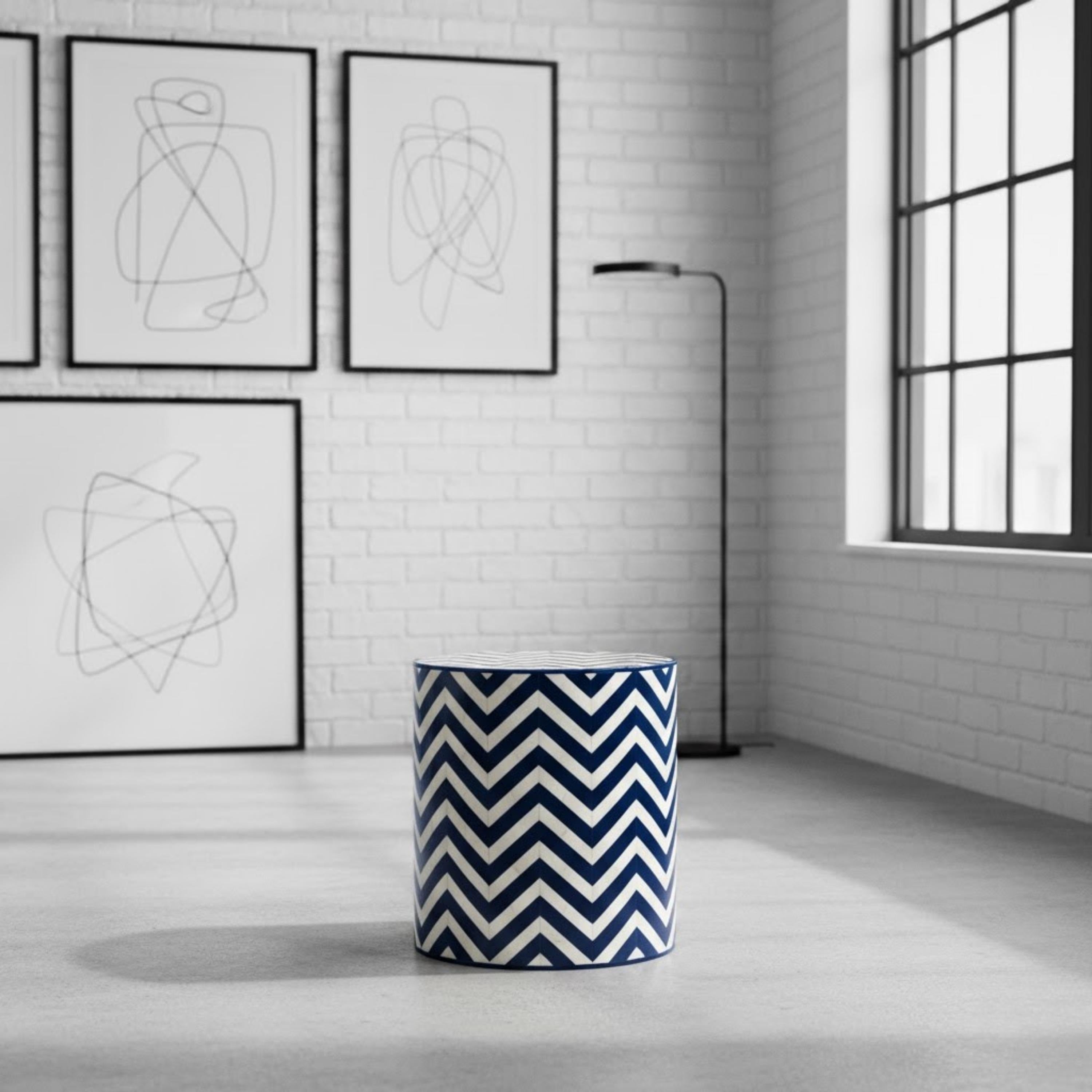 Bone Inlay End Table | Blue Chevron Resin Accent Stool | Modern Decorative Furniture for Home Décor