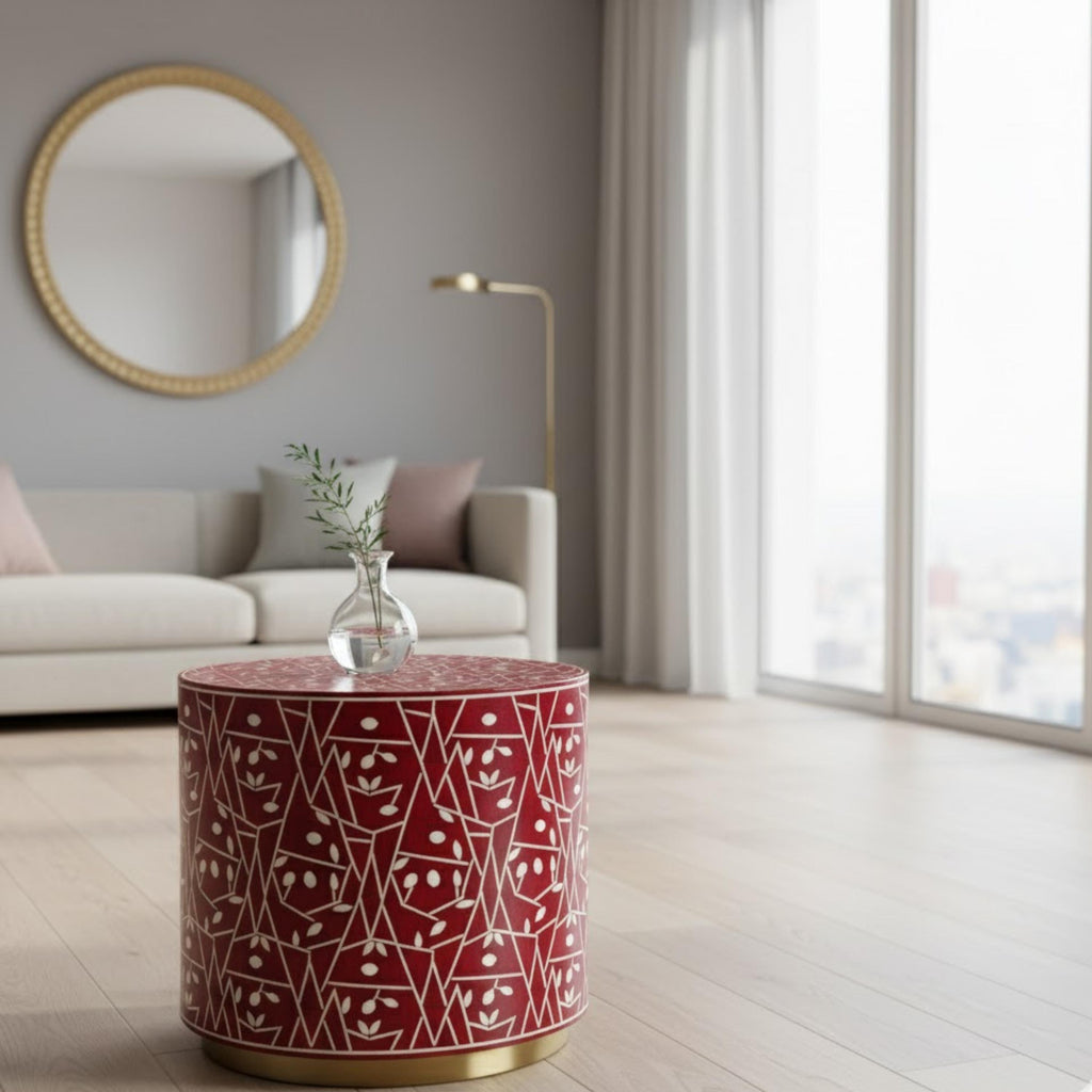 Resin Red Bone Inlay End Table | Handmade Decorative Accent Table | Elegant Side Table for Bedroom & Living Room