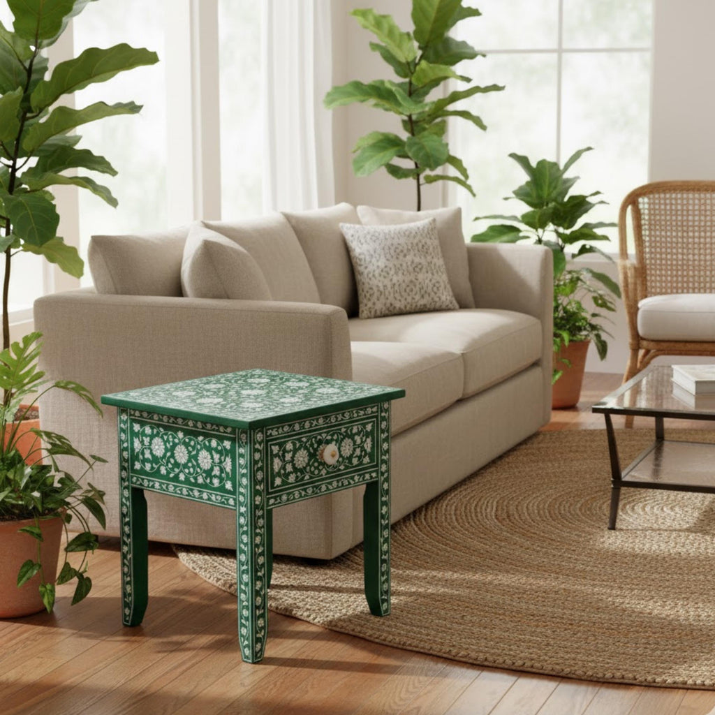 Handmade Green Bone Inlay Nightstand | Floral Resin Side Table | Stylish Decorative Furniture for Modern Homes