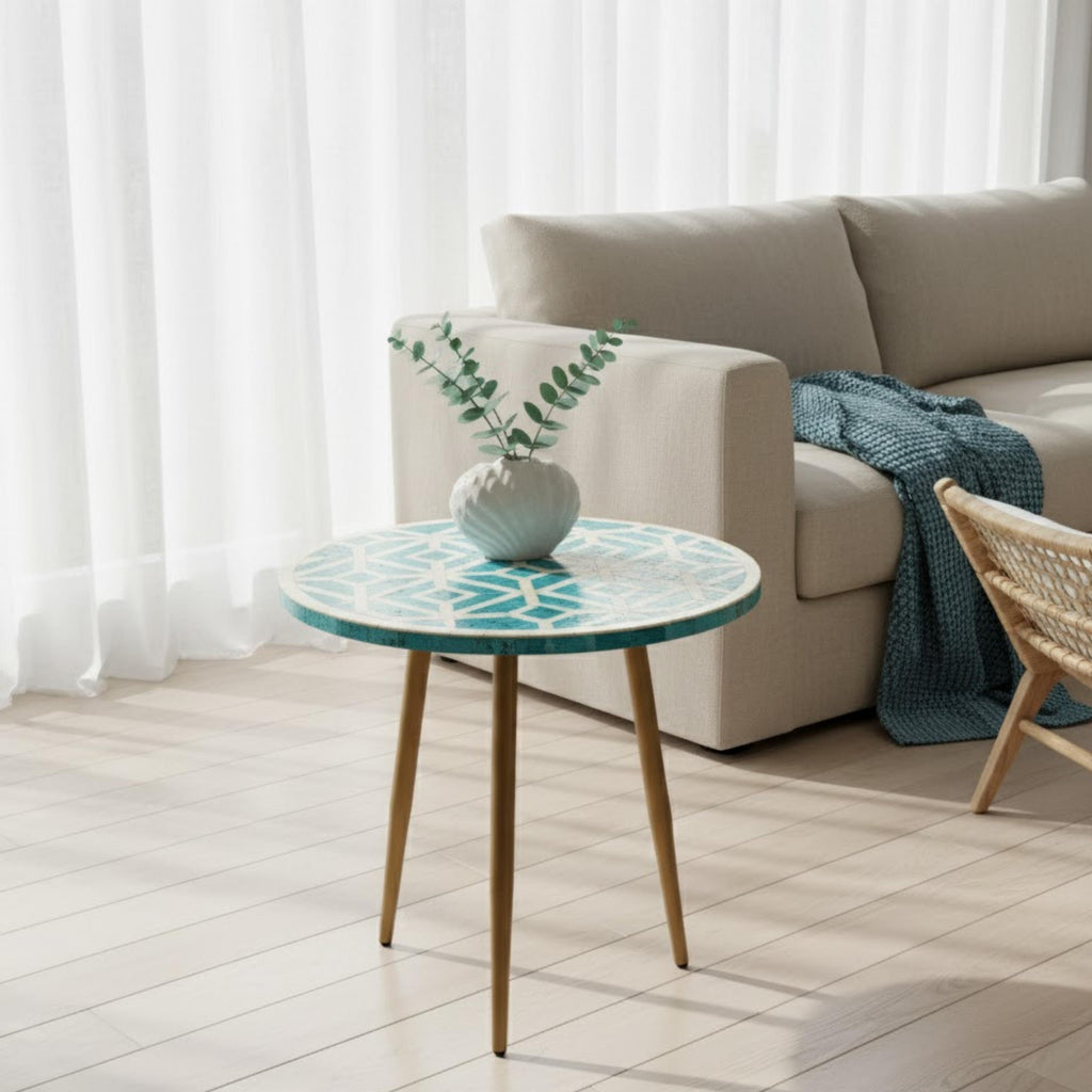 Luxury Red Bone Inlay Round Accent Table | Geometric Resin End Table | Indian Handmade Side Table for Home & Office