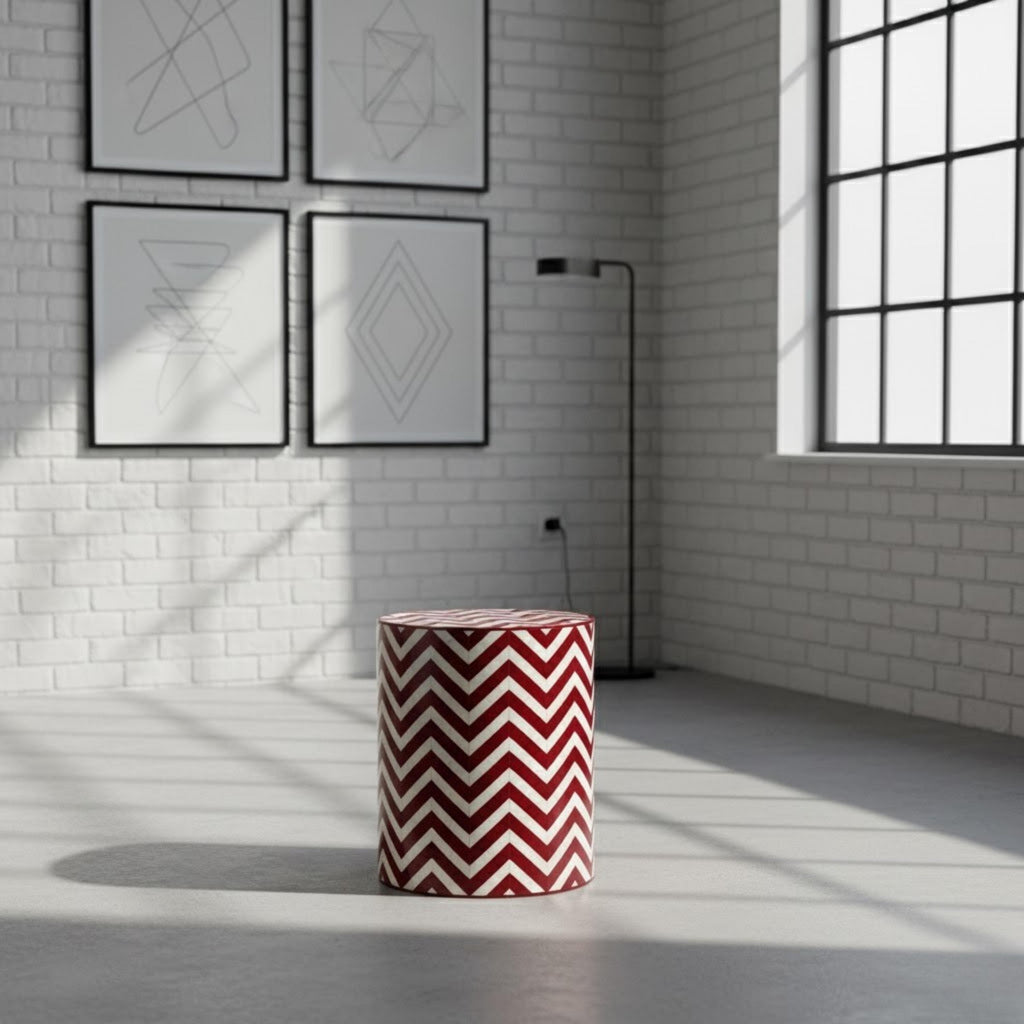 Bone Inlay End Table | Blue Chevron Resin Accent Stool | Modern Decorative Furniture for Home Décor