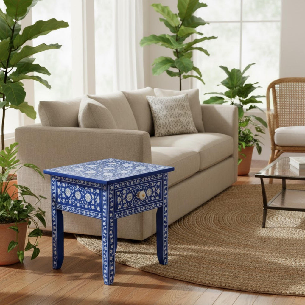 Handmade Green Bone Inlay Nightstand | Floral Resin Side Table | Stylish Decorative Furniture for Modern Homes