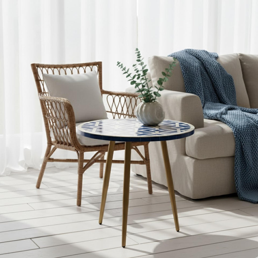 Luxury Red Bone Inlay Round Accent Table | Geometric Resin End Table | Indian Handmade Side Table for Home & Office