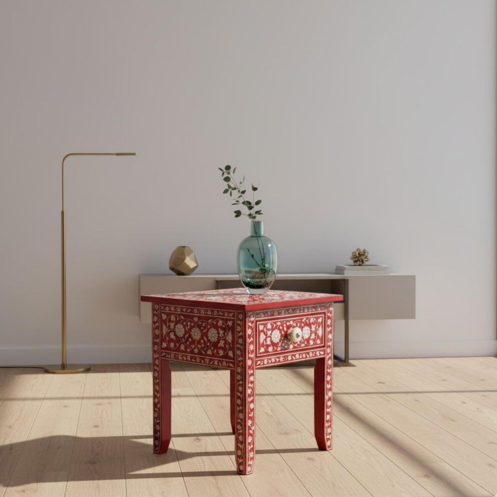 Handmade Green Bone Inlay Nightstand | Floral Resin Side Table | Stylish Decorative Furniture for Modern Homes