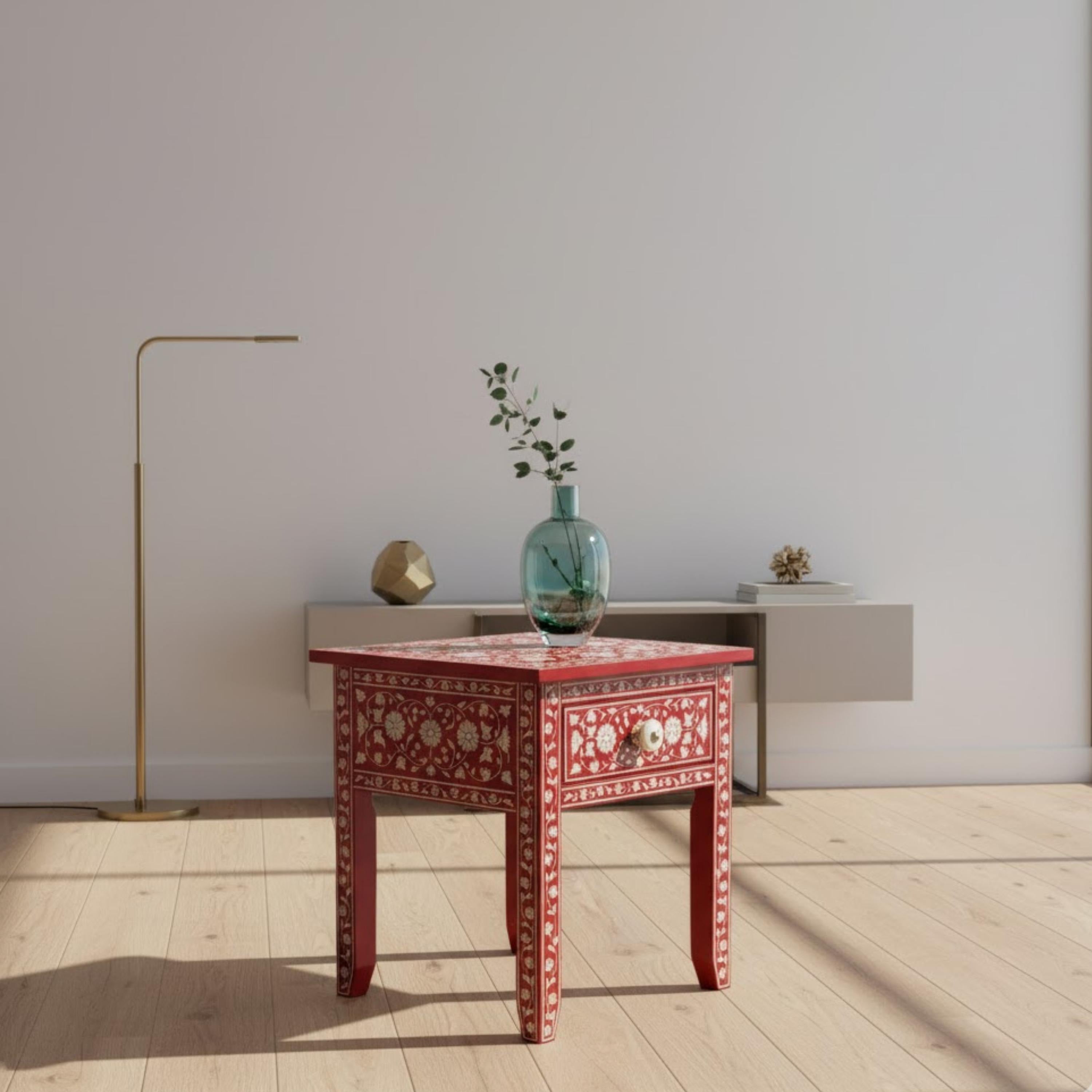 Handmade Green Bone Inlay Nightstand | Floral Resin Side Table | Stylish Decorative Furniture for Modern Homes