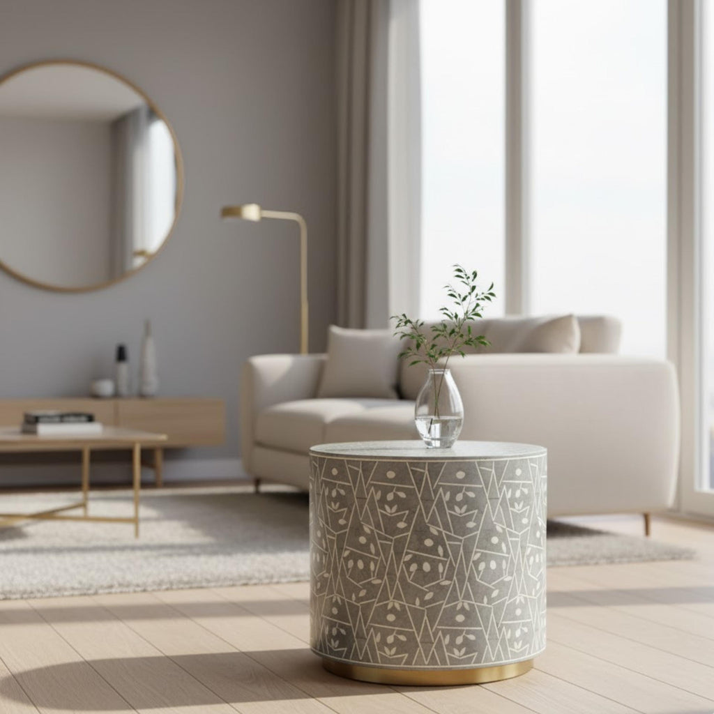 Resin Red Bone Inlay End Table | Handmade Decorative Accent Table | Elegant Side Table for Bedroom & Living Room