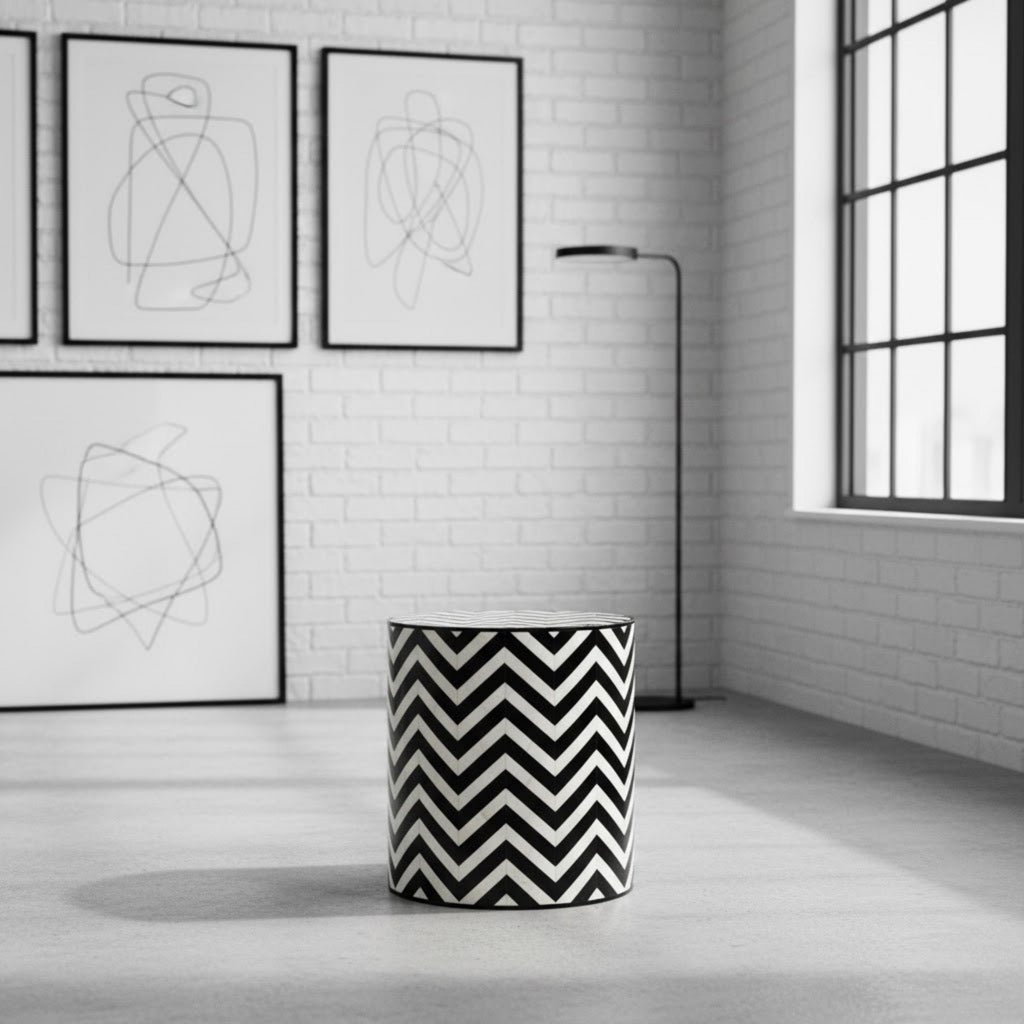 Bone Inlay End Table | Blue Chevron Resin Accent Stool | Modern Decorative Furniture for Home Décor