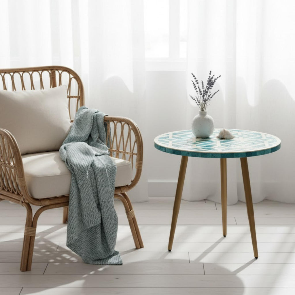 Luxury Red Bone Inlay Round Accent Table | Geometric Resin End Table | Indian Handmade Side Table for Home & Office