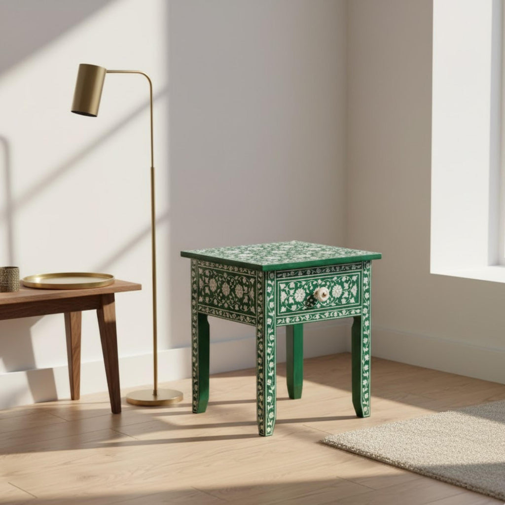 Handmade Green Bone Inlay Nightstand | Floral Resin Side Table | Stylish Decorative Furniture for Modern Homes