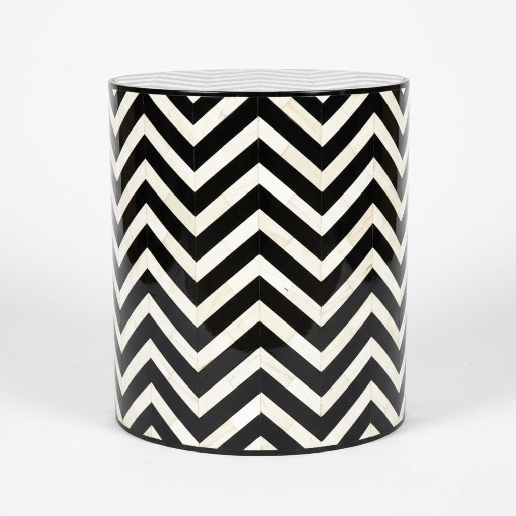 Bone Inlay End Table | Blue Chevron Resin Accent Stool | Modern Decorative Furniture for Home Décor